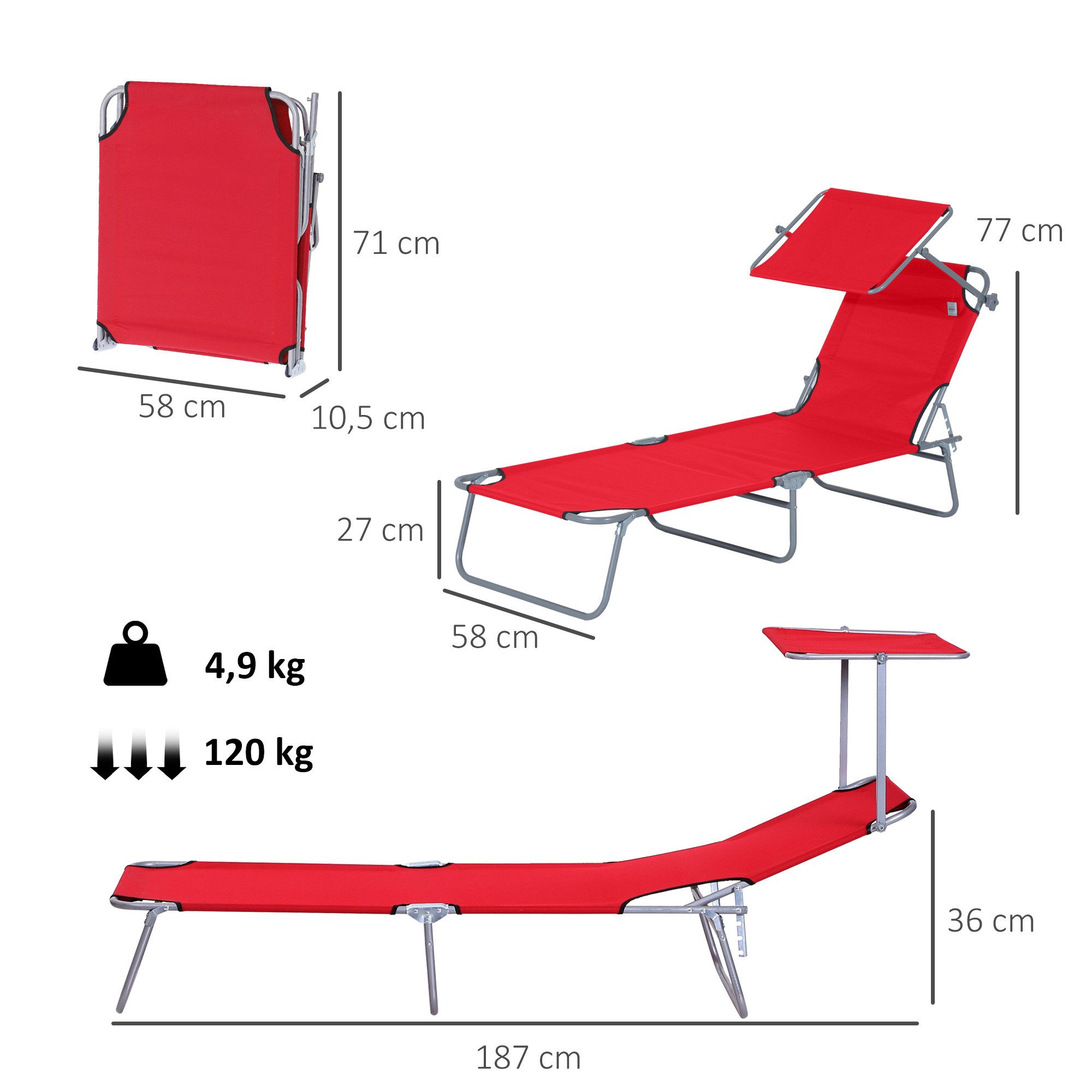 Outsunny Feldbett Strandliege klappbar mit Sonnenschutz Rot 187 x 58 x 36 cm (Liege, 1-St., Sonnenliege) Durchgehend