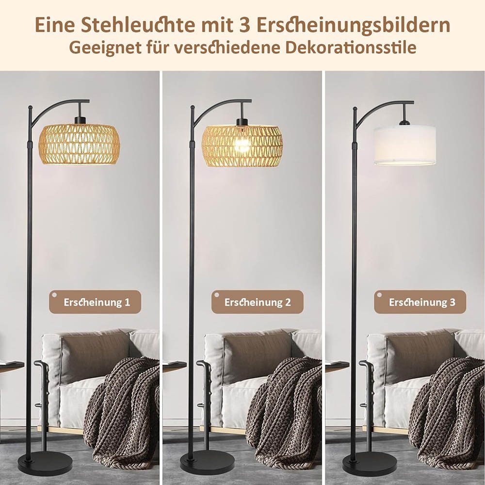 LMaxhome Stehlampe LED Bogenlampen Rattan Lampenschirm Dimmbar Stehleuchte für Wohnzimmer, Höhenverstellbarer und um 360° drehbarer Lampenarm, LED fest integriert, Warmweiß, Naturweiß, Kaltweiß (3000-6500K), E27 Fassung max 12W, Fernbedienung App-Steuerung Fußschalter Leselampe