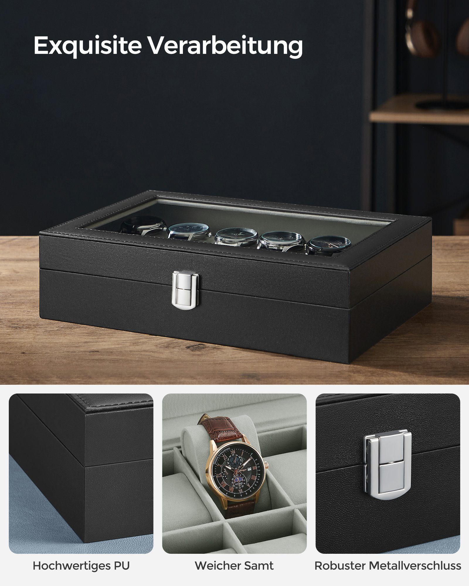 SONGMICS Uhrenbox 12 Fächern, Uhrenkasten, Premium-Uhrenschatulle, 20,2 x 30,2 x 7,8 cm, herausnehmbaren Uhrenkissen,PU-Bezug in Schwarz,Samtfutter in Grüngrau