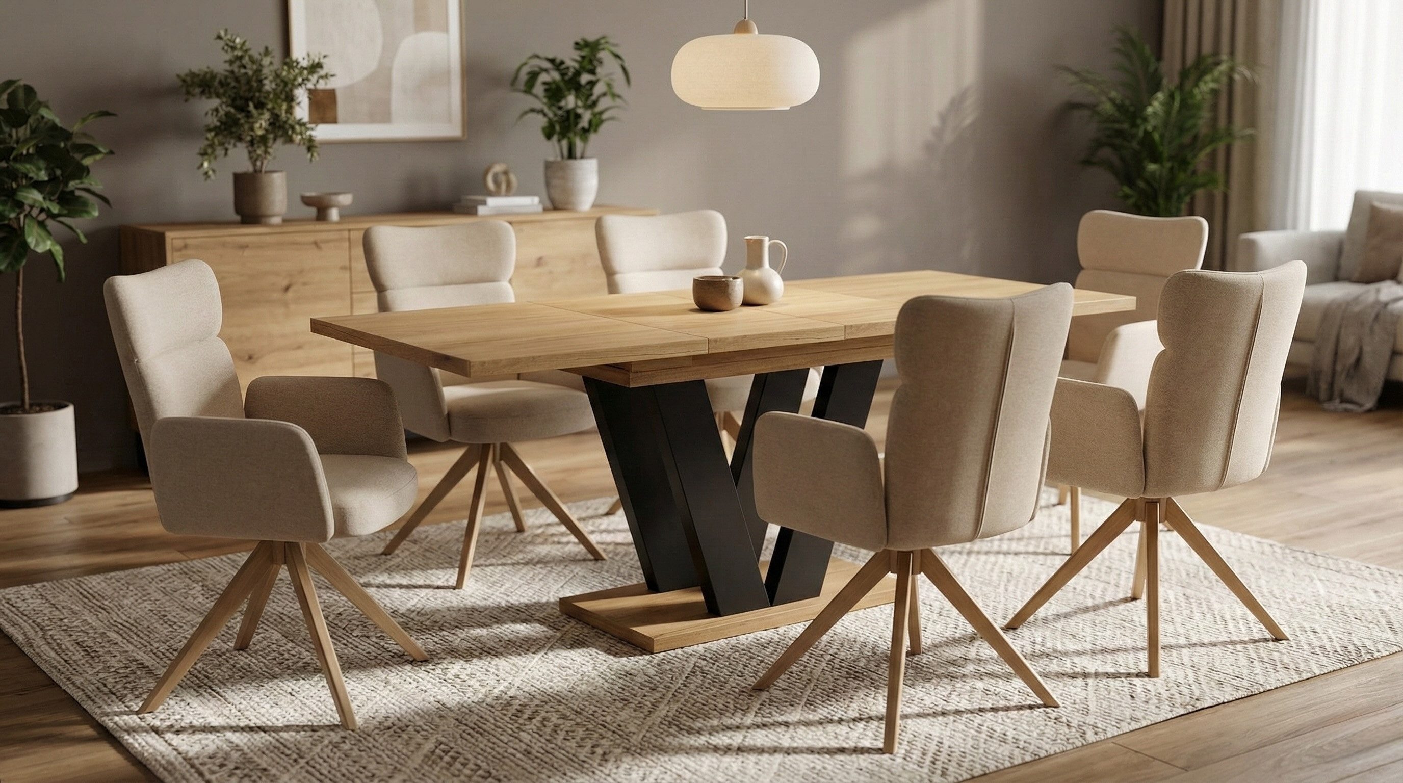 Endo-Moebel Essgruppe Essgruppe mit 6 Bouclé Stühlen und Esstisch Farbauswahl Hochlehner