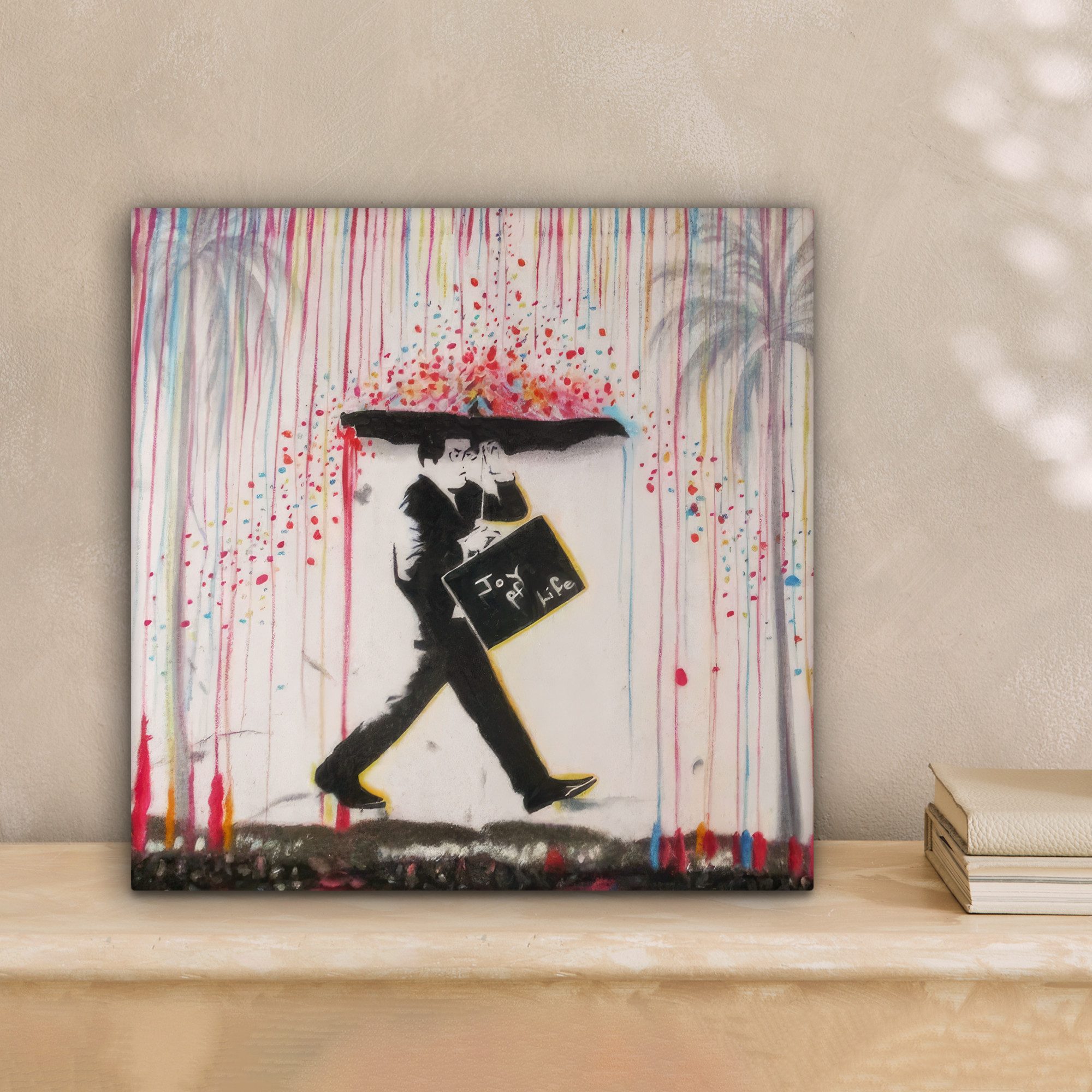 OneMillionCanvasses® Leinwandbild Regen - Graffiti - Mann - Banksy-Stil, Fo günstig online kaufen