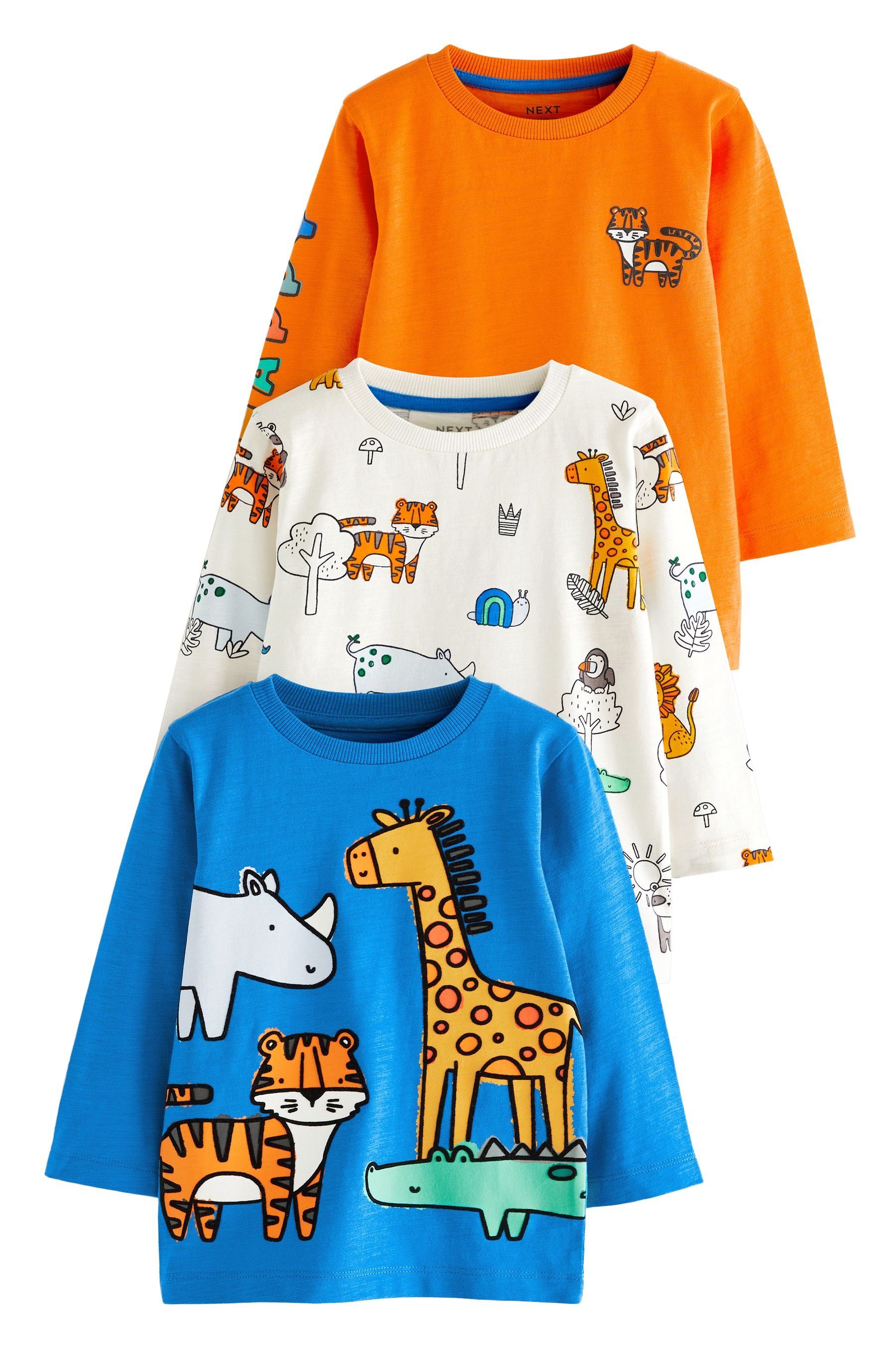 Next Langarmshirt Langärmelige Shirts mit Figurenmotiv im 3er-Pack (3-tlg) Blue/Orange Safari Animals