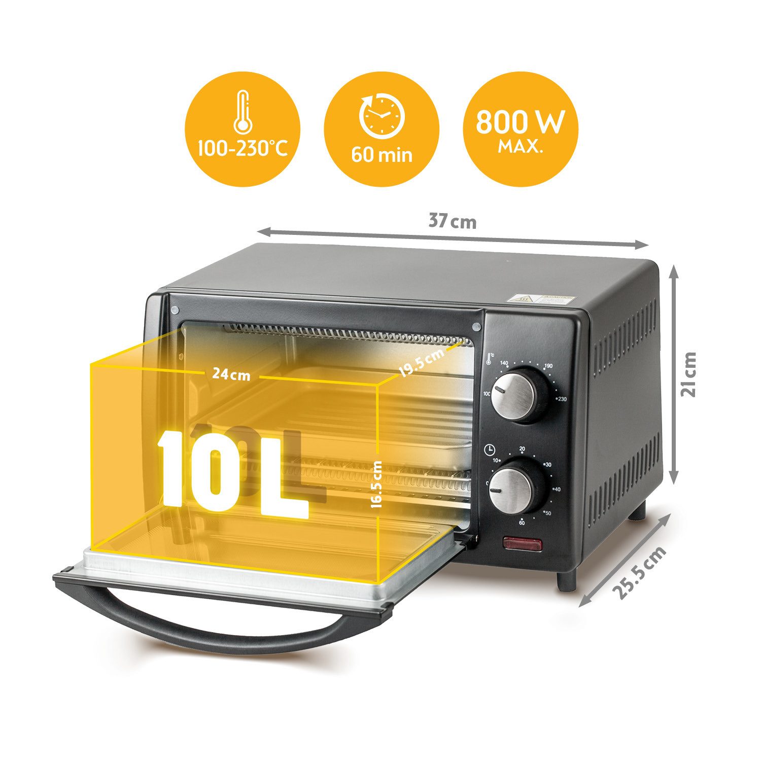 TZS FIRST AUSTRIA Minibackofen 10L 800W, stufenlose Temperaturregelung bis 230°C, 60 Min Timer, 2 Einschubhöhen, Doppelglastür, Grillrost