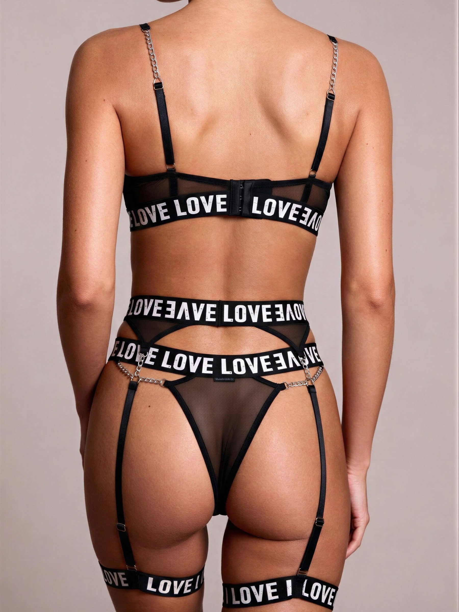 Elegant Love Set: Bügelloser BH Damen Dessous-Set, BH-Set mit Druckmuster – Sexy Reizwäsche aus Spitze (Set, 5-tlg., BH, Tanga, Strumpfhaltergürtel, zwei elasti – Bild 3 von 5
