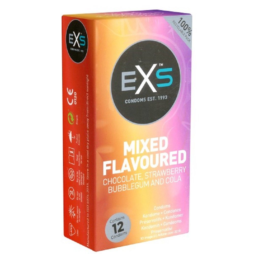 EXS Kondome Mixed Flavoured - aromatische Kondome im einzigartigen Mix Packung mit, 12 St., 4 verschiedene Sorten im Mix (Bubblegum, Cola, Chocolate, Strawberry)