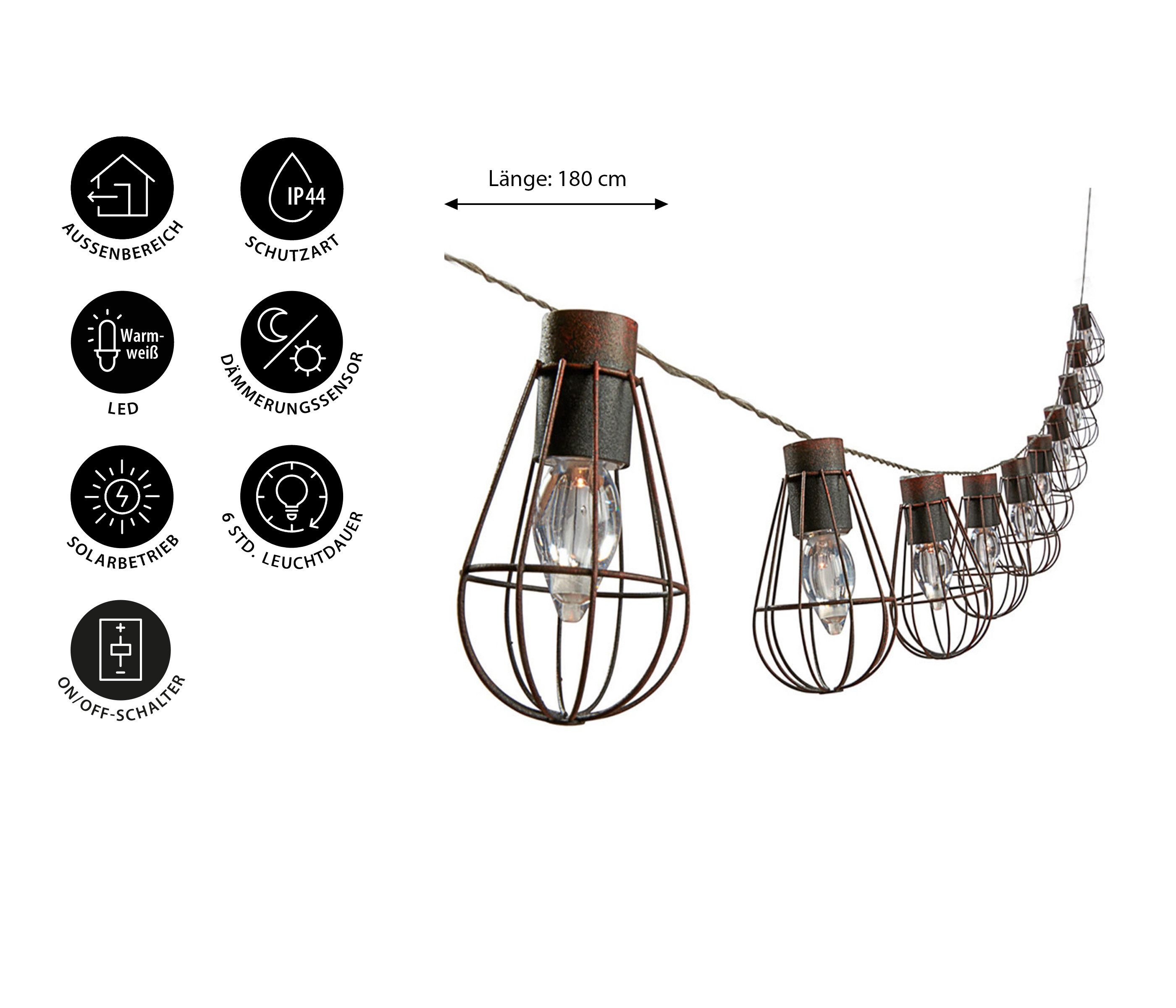 Dehner LED Solarleuchte Solar-Lichterkette Retro mit 10 LED, 330 cm, Warmweiß, für Draußen, wetterfest und spritzwassergeschützt
