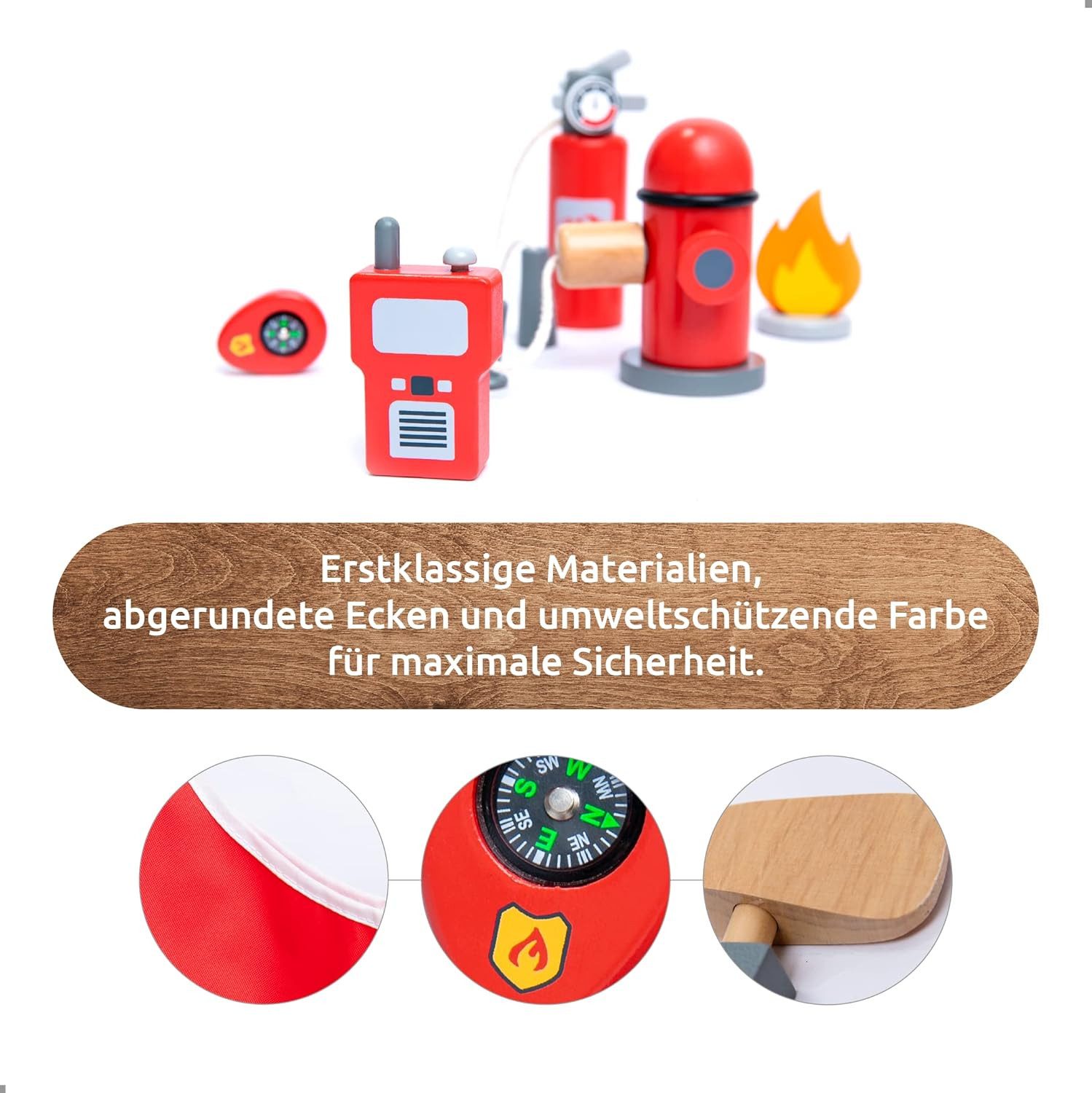 Esun Spielzeug-Polizei Einsatzset Holz Feuerwehrmann Spielset mit Feuerwehr Kostüm Kinder, Kappe 14 St., (SET, 14-tlg., Komplettset), Geschenk für Mädchen Jungen ab 3 4 5 6 7 8 Jahre