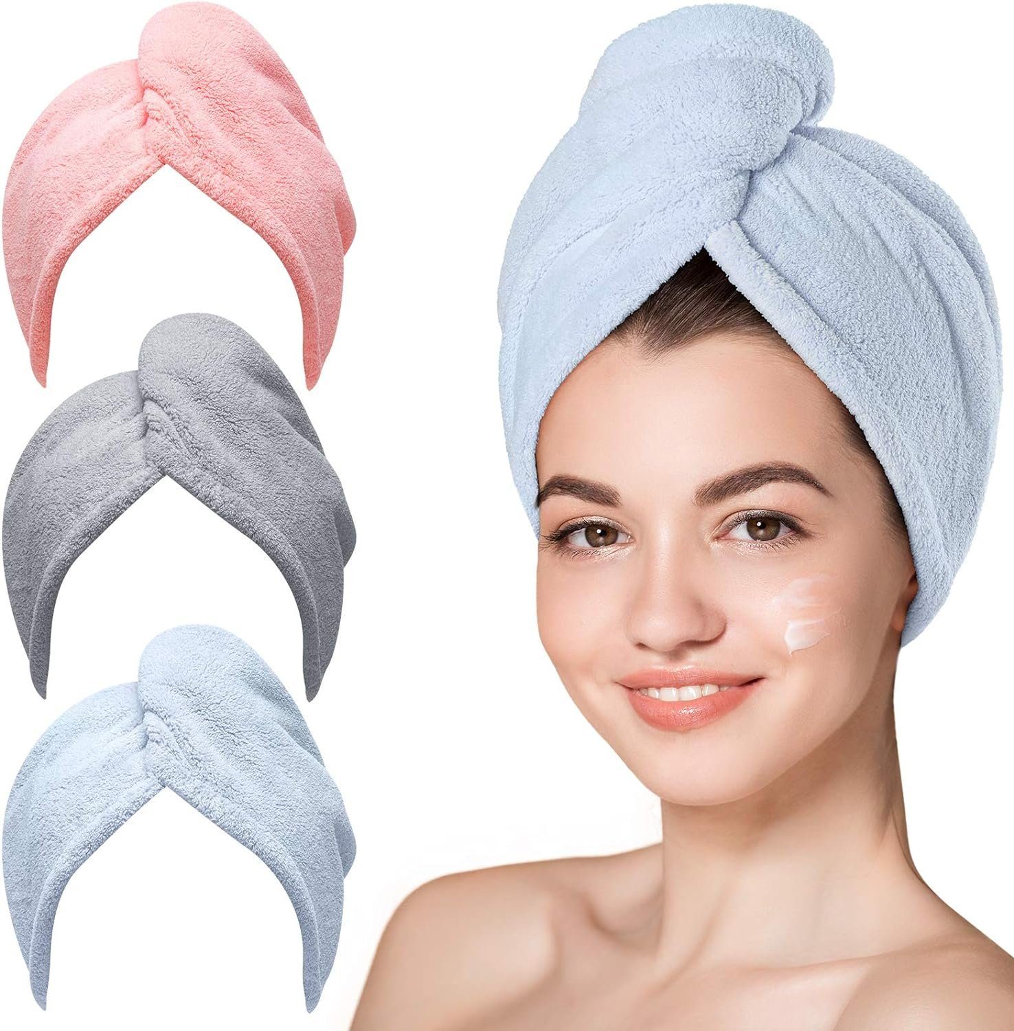 Opspring Turban-Handtuch Mikrofaser-Haarhandtuch,3 Packungen Haarturbane für nasses Haar