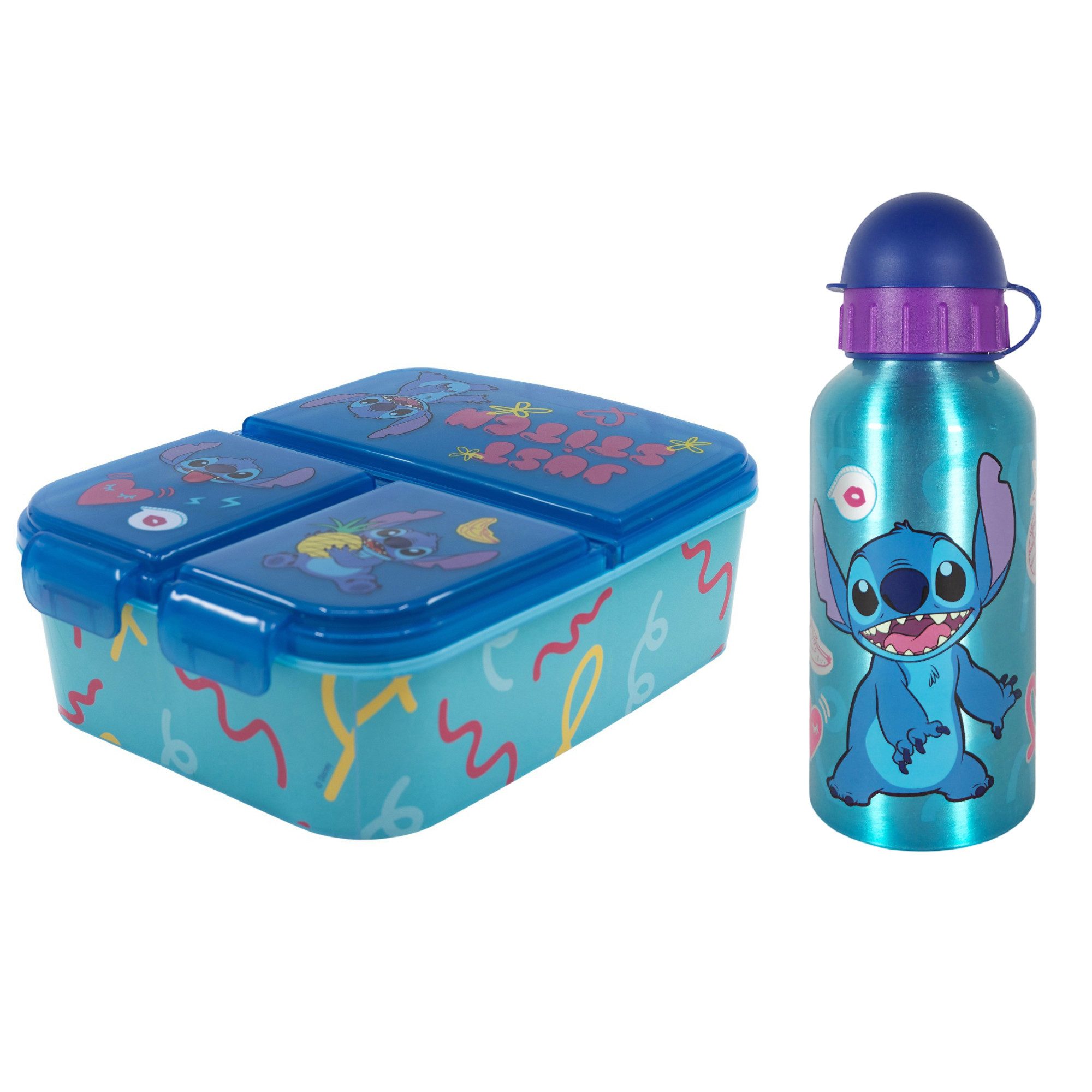 Disney Lunchbox Disney Stitch 2 tlg. Lunch Set Brotdose mit 3 Kammern Alu-Trinkflasche, (Spar-Set, 2-tlg., Spar-Set), 400 ml