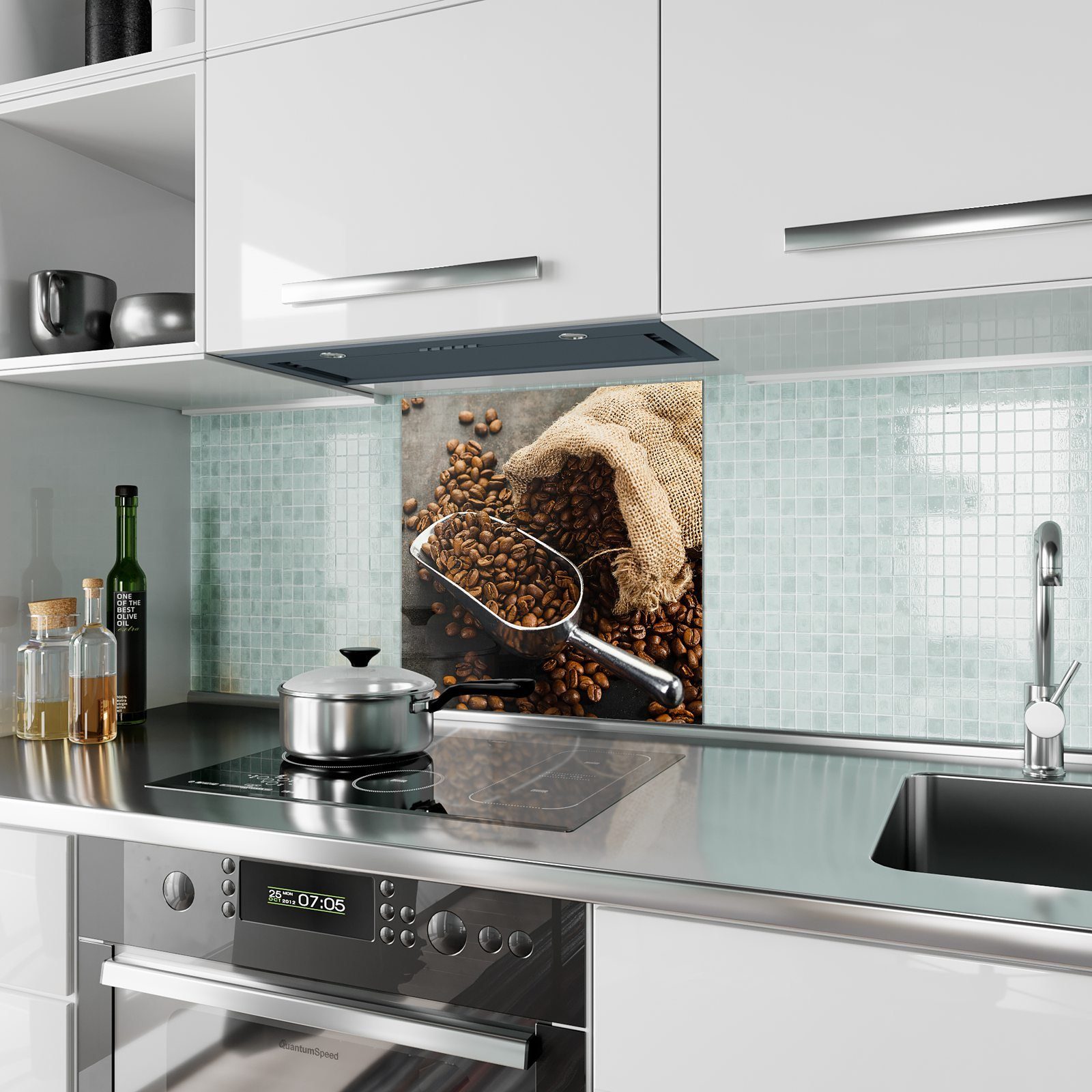 Primedeco Küchenrückwand Küchenrückwand mit Kaffeebohnen aus Glas Sack Spritzschutz Motiv