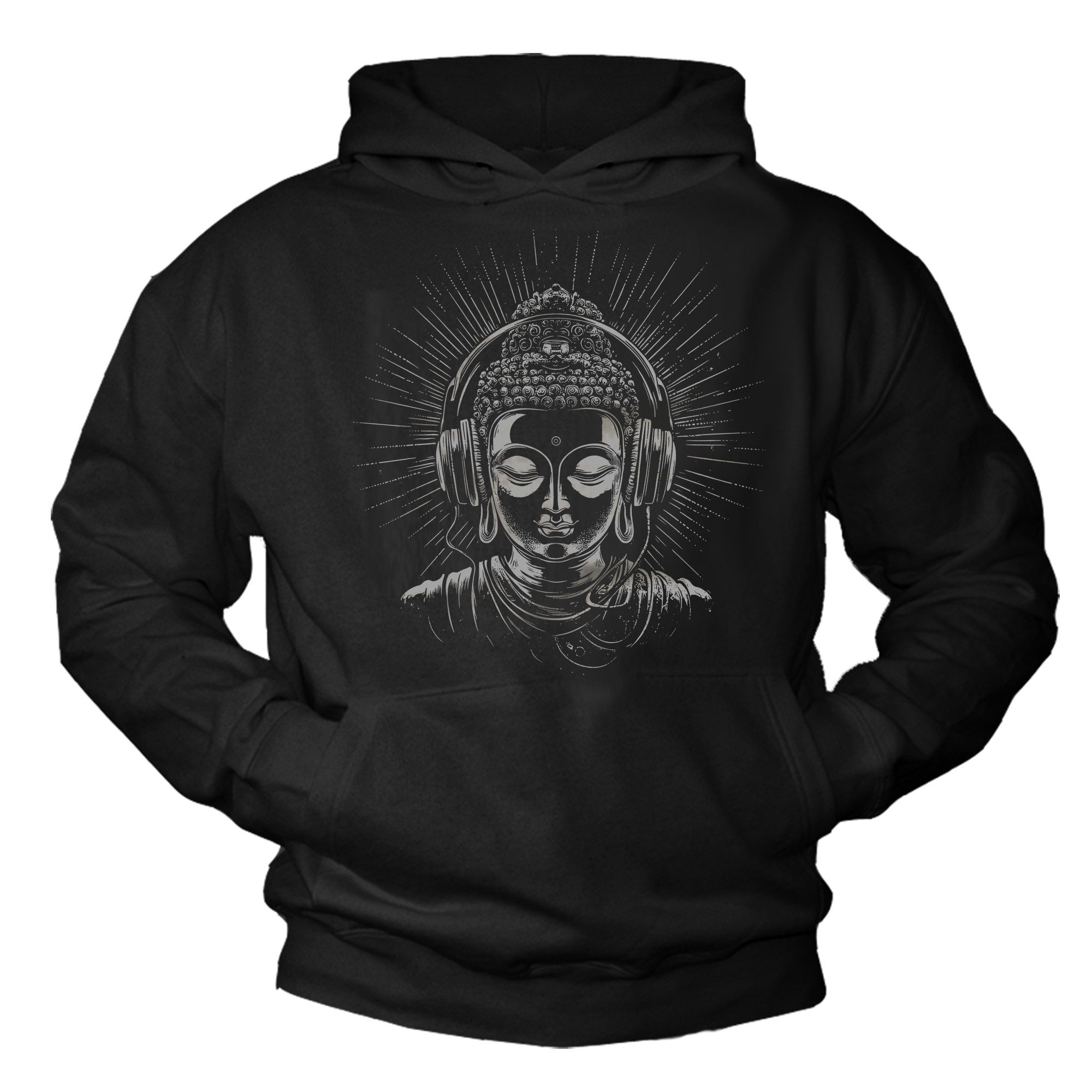 MAKAYA Kapuzenpullover mit Buddha Motiv mit Kopfhörer Sweatshirt Herren Hip Hop Outfit (Schwarz, S, M, L, XL, 2XL, 3XL, 4XL) Baumwolle
