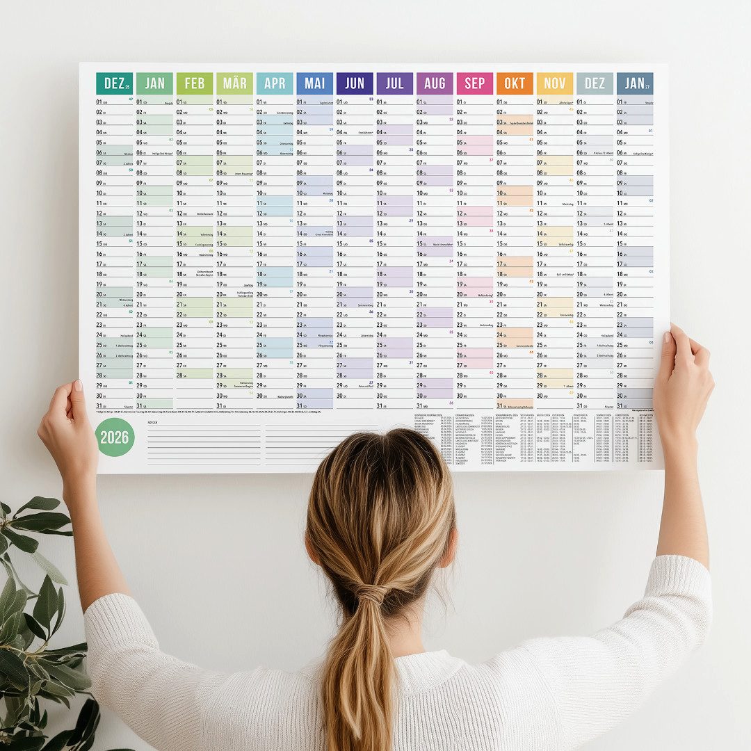 heaven+paper Jahresplaner A2 Wandplaner gerollt 2026 Rainbow Querformat, hochwertig, Hergestellt in Deutschland