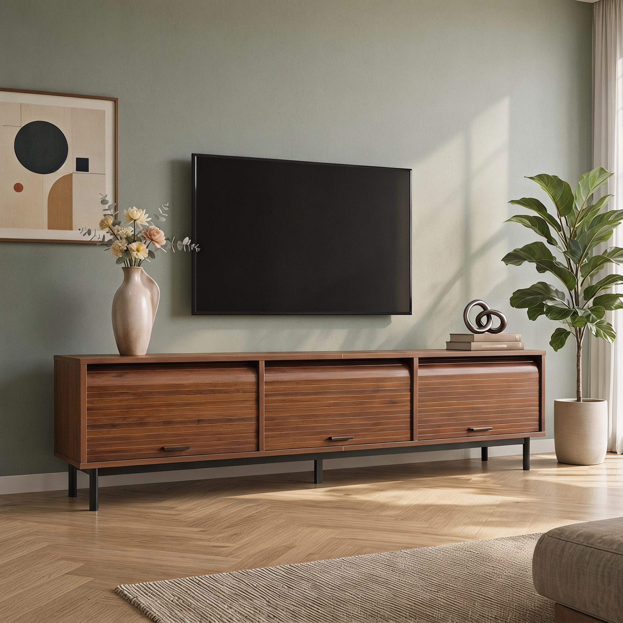 Totnz TV-Schrank TV-Lowboard mit 3 Schiebetüren, TV-Schrank mit vertikaler Rillenoptik (Fernsehbank mit viel Stauraum, schwarzen Griffen und Metallfüßen) moderner TV-Schrank fürs Wohnzimmer