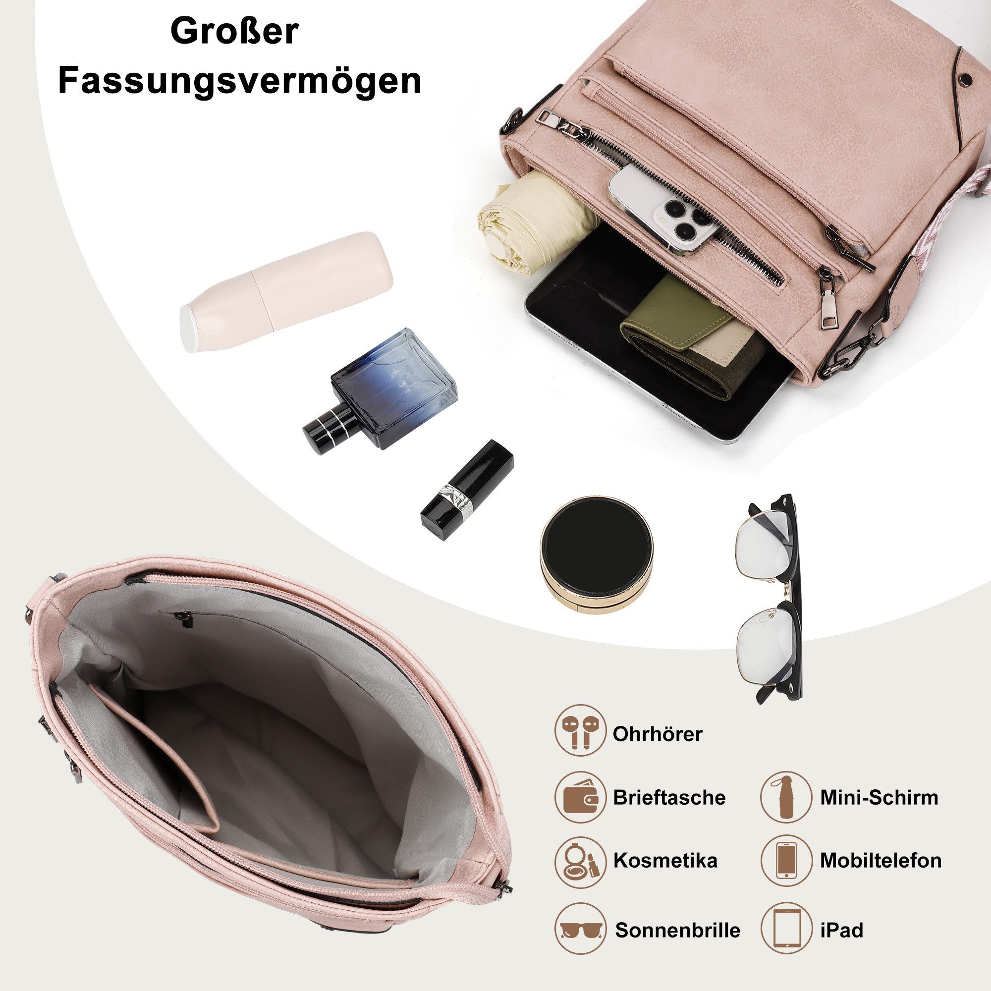 TAN.TOMI Umhängetasche Damen Mittelgroß Schultertasche Mehrere Taschen Crossbody Bag, Mit Verstellbarem Gurt für Schule Arbeit Reisen Ausflug Einkauf