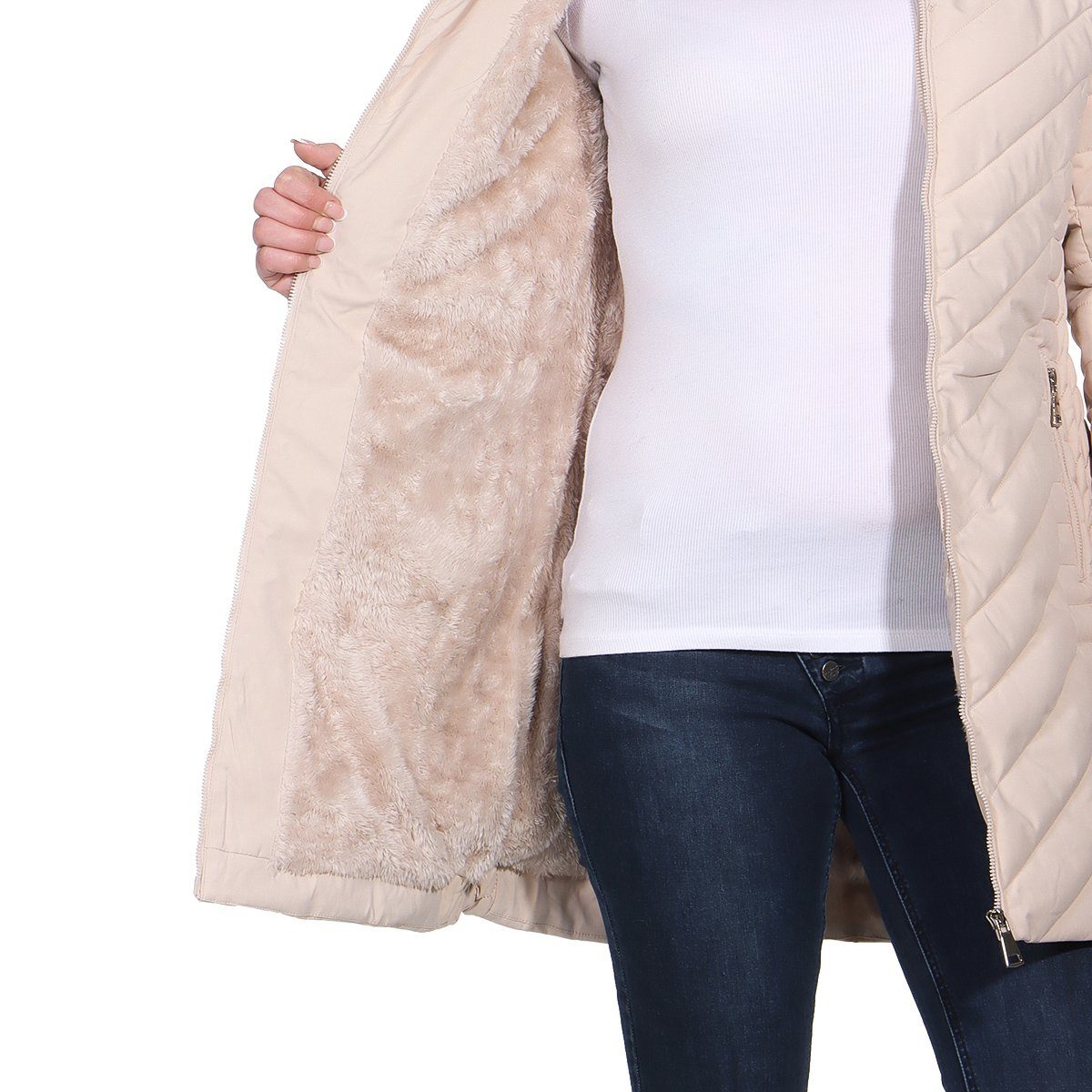 Aurela Damenmode Winterjacke Kuschelige Steppjacke mit Innenfell für Damen auch in großen Größen erhältlich, mit Kapuze