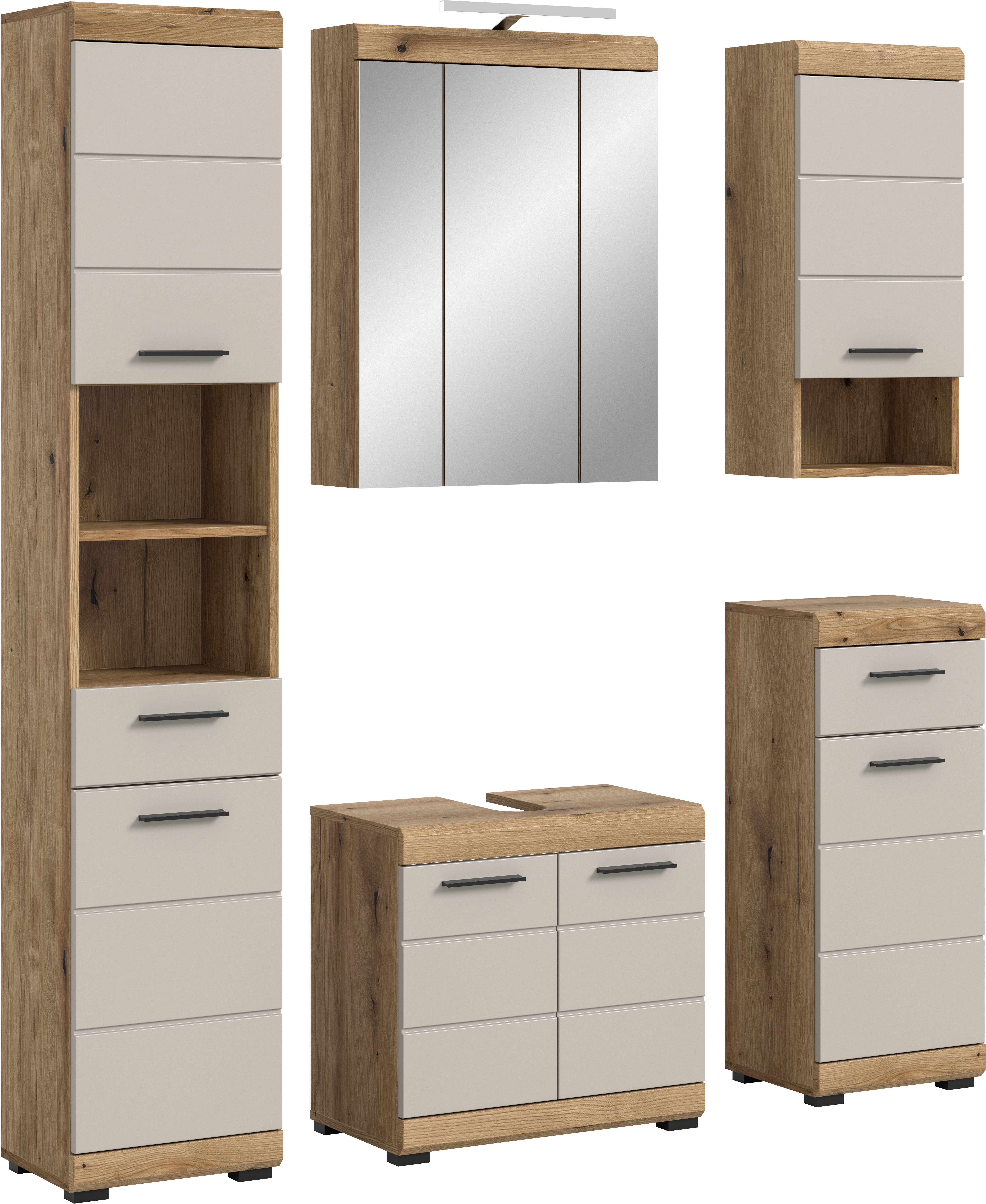 welltime Badmöbel-Set SIENA, 5 teilig, inklusive LED Beleuchtung, bestehend aus:, (Set, 5-St., TOPSELLER), Hochschrank, WBU, Spiegelschrank, Unterschrank, Hängeschrank
