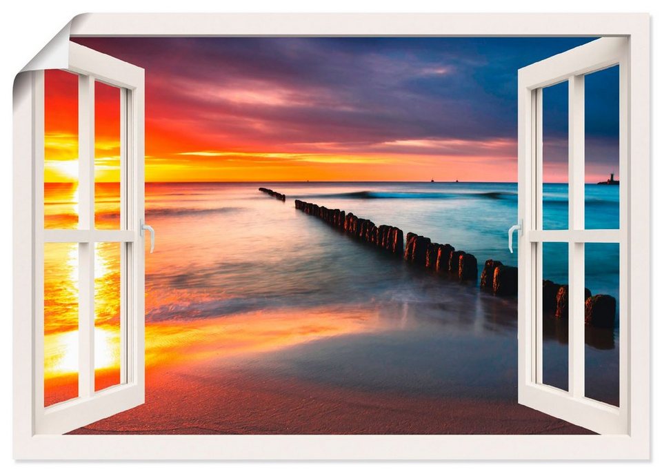 Artland Wandbild Fensterblick Ostsee mit Sonnenaufgang, Fensterblick (1  St), als Leinwandbild, Wandaufkleber oder Poster in versch. Größen,  Verschiedene Größen & Produktarten