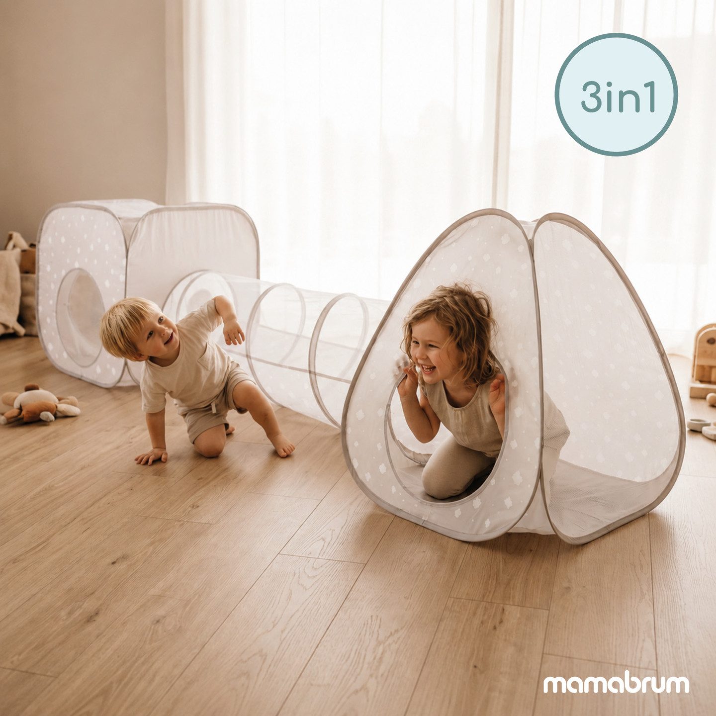 Mamabrum Spieltunnel Mamabrum 3in1 Spielzelt mit Tunnel und Würfel Grau Weiß