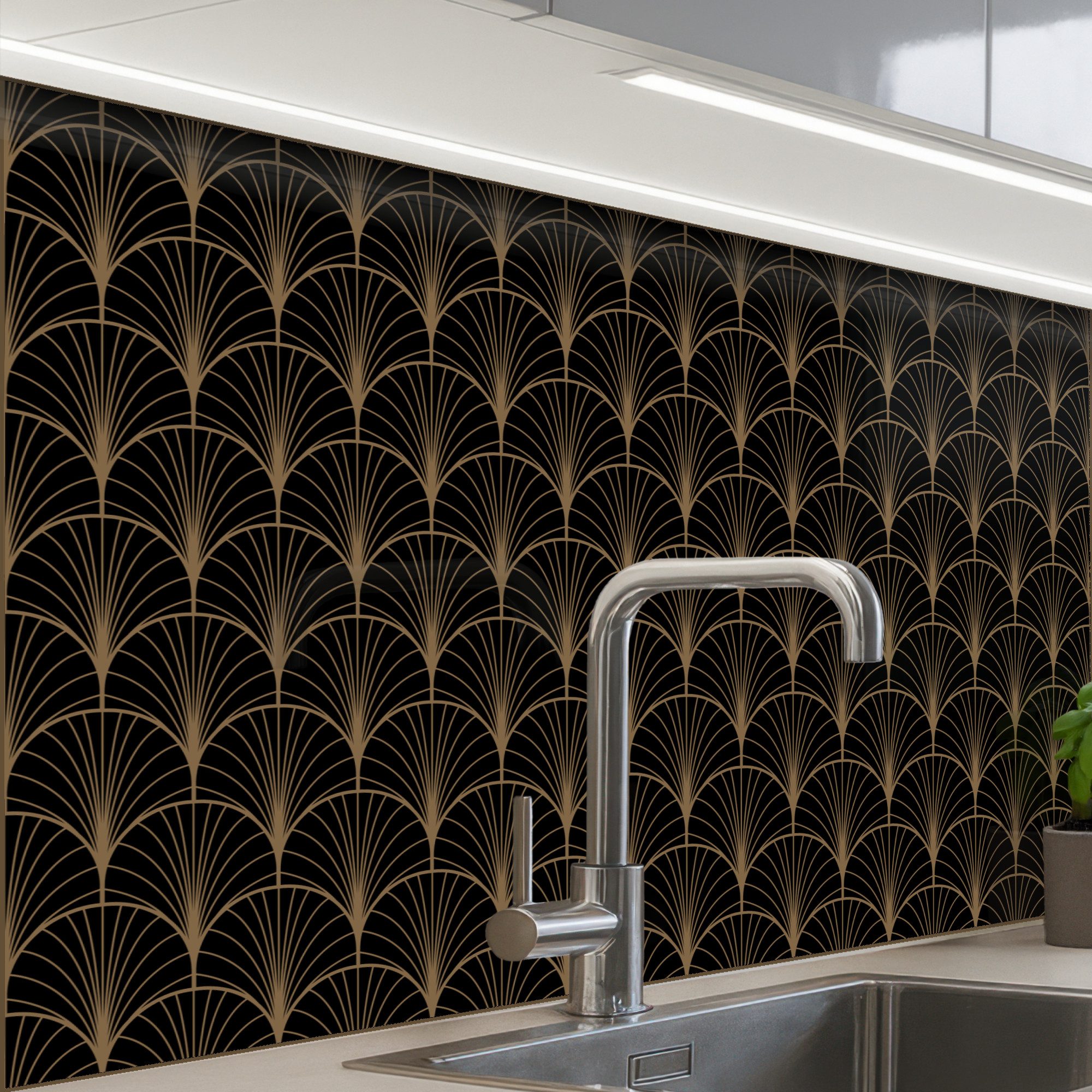 KitchenYeah Küchenrückwand Muster selbstklebend (keine Folie) Gold - Fächer - Schwarz, (1-tlg), Spritzschutz, Küche, Rückwand, Küchenwand, Küchenfront, 30x20 cm