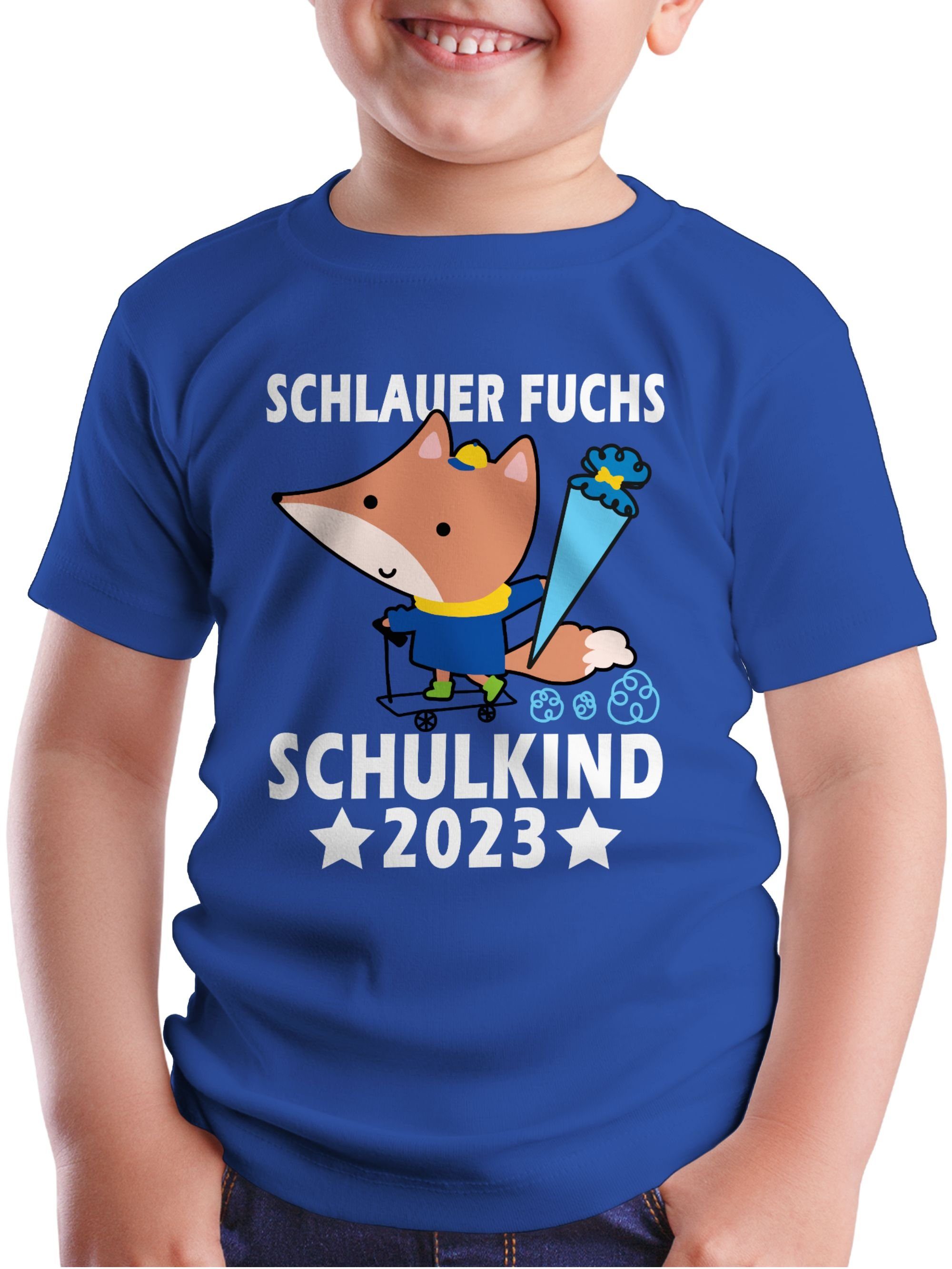 Shirtracer Schlauer T-Shirt Junge 2 Einschulung Fuchs 2023 Geschenke Schulanfang Royalblau Schulkind