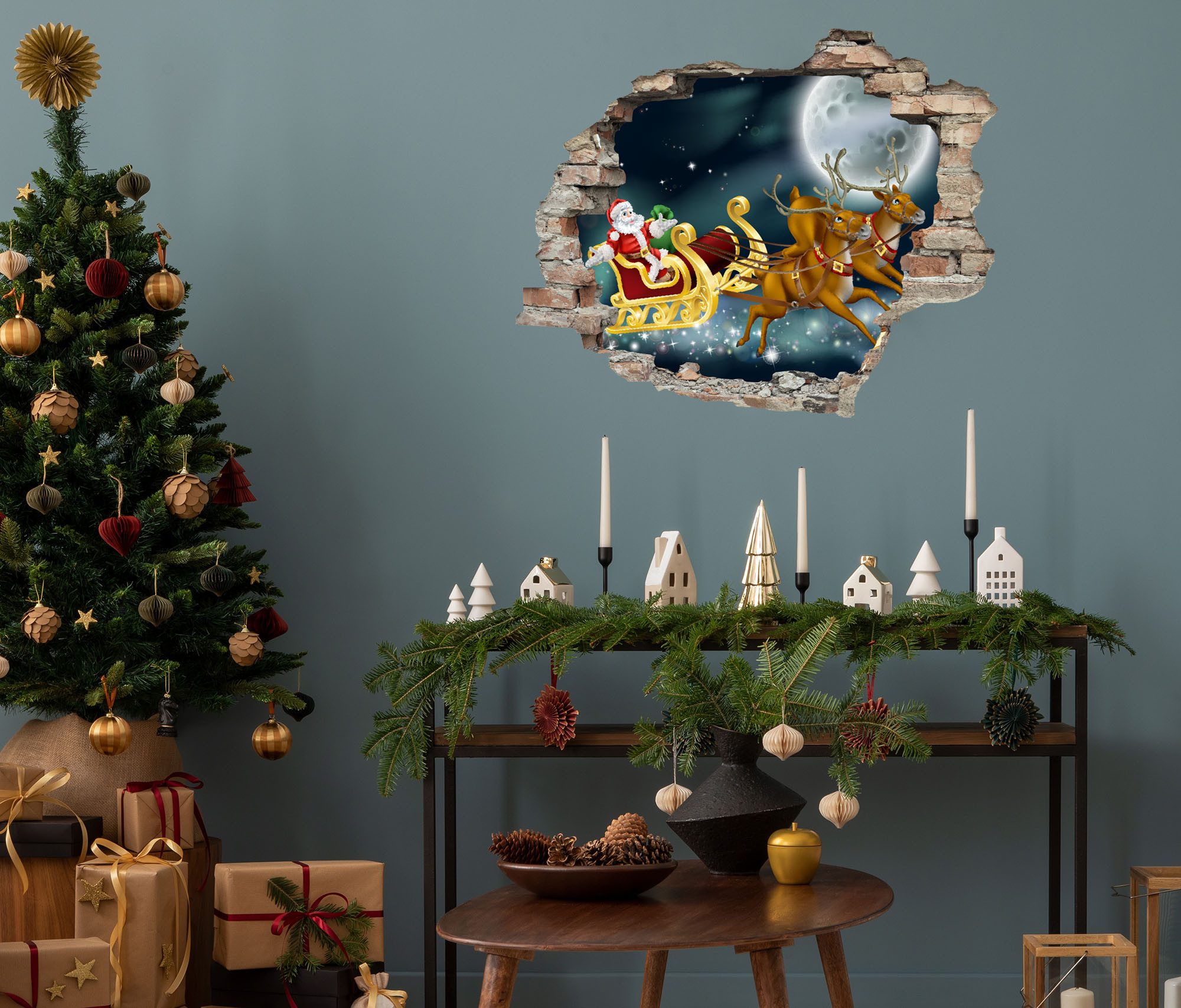 queence 3D-Wandtattoo Weihnachtsmann mit Rudolf (1 St), selbstklebender Wandsticker Weihnachten