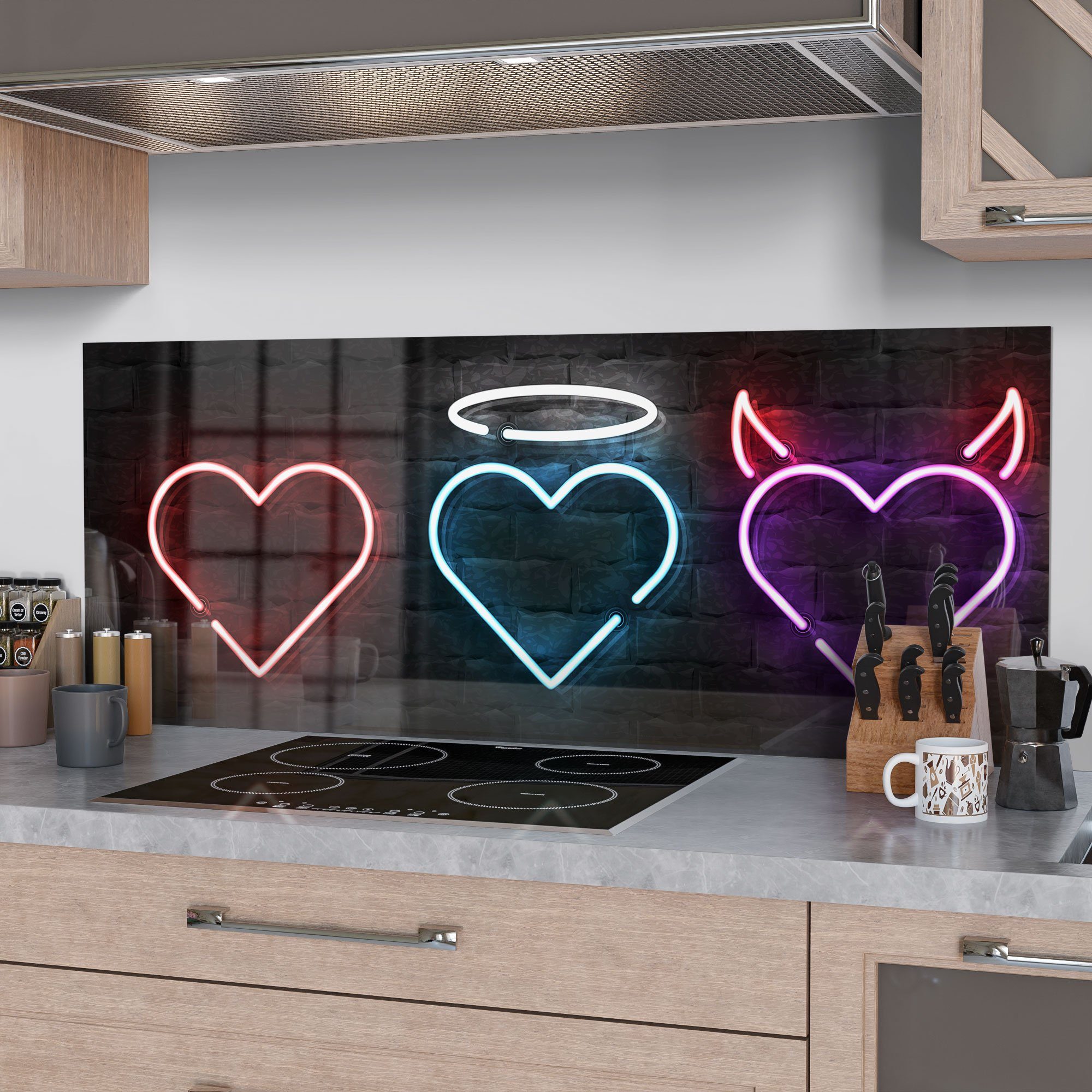 Glas Herzen', Spritzschutz DEQORI Badrückwand Küchenrückwand Herdblende 'Neonfarbene