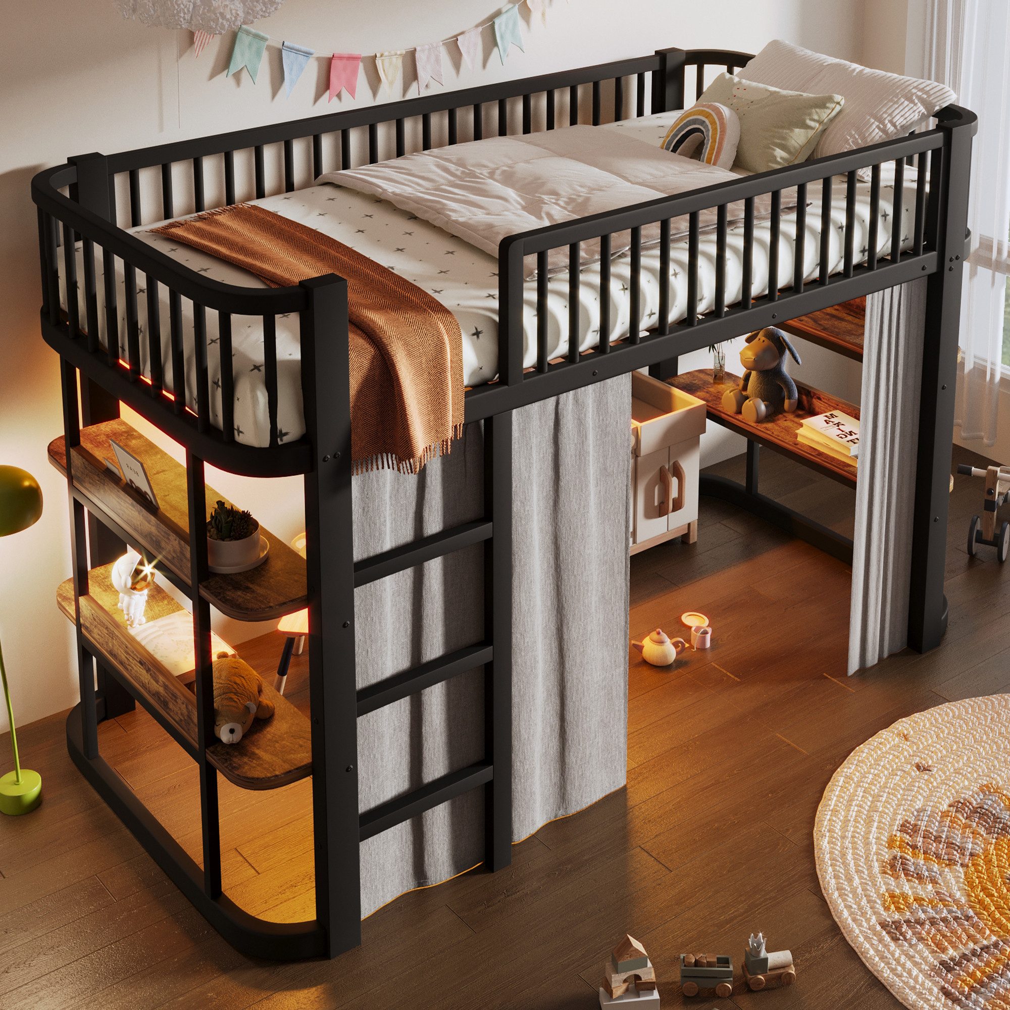 Merax Hochbett 90x200cm mit Verdunkelungsvorhängen und LED-Beleuchtung (1-St., Jugendbett Einzelbett) Metallbett Kinderbett mit Ablagefächern, Geländer, Stauraum unter Bett