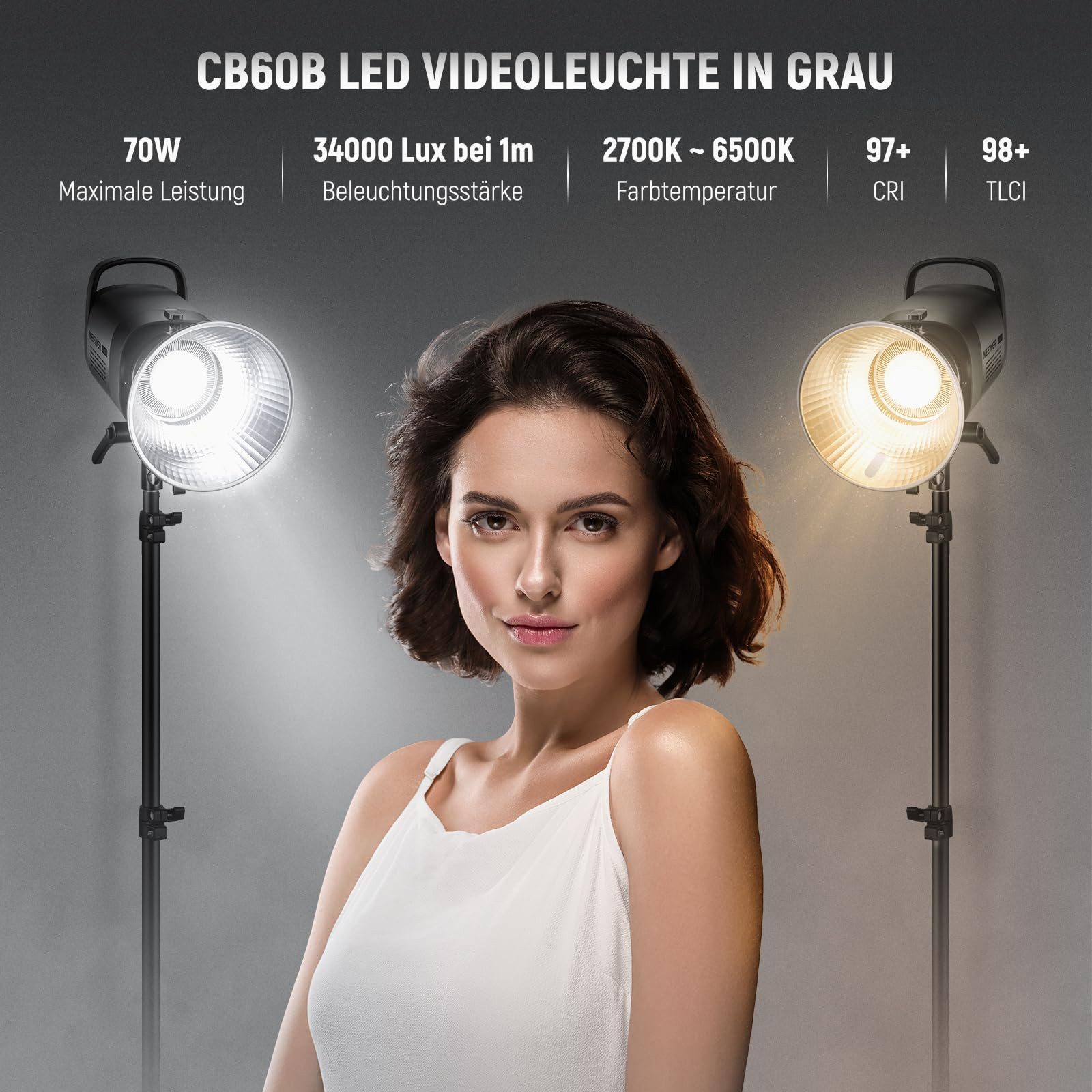 Neewer Videoleuchte CB60B 70W LED Videoleuchte, 2,4G/APP, zweifarbig 2700K-6500K, 34000 Lux/1m, CRI97+/12 Szenen/Bowens COB Dauerlicht für Studio