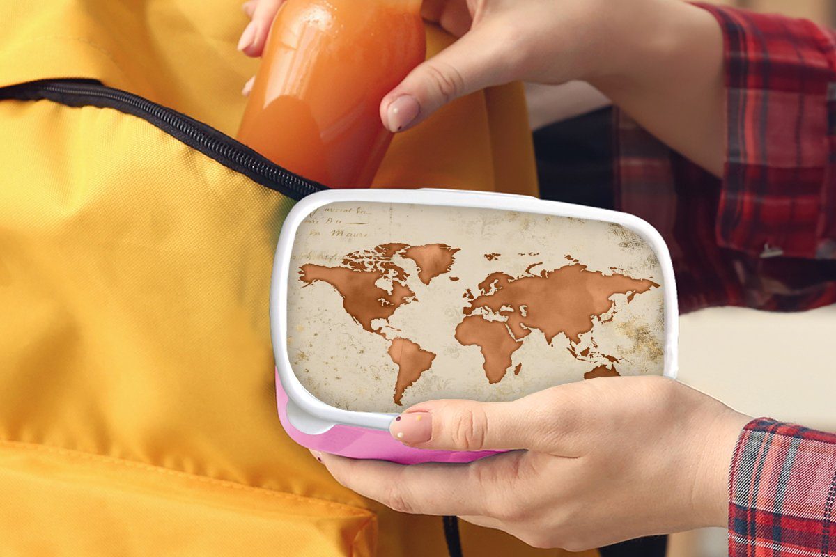 MuchoWow Lunchbox Weltkarte - rosa Brotdose - Mädchen, (2-tlg), Kunststoff Kupfer, Brotbox Kinder, Kunststoff, Papyrus Erwachsene, Snackbox, für