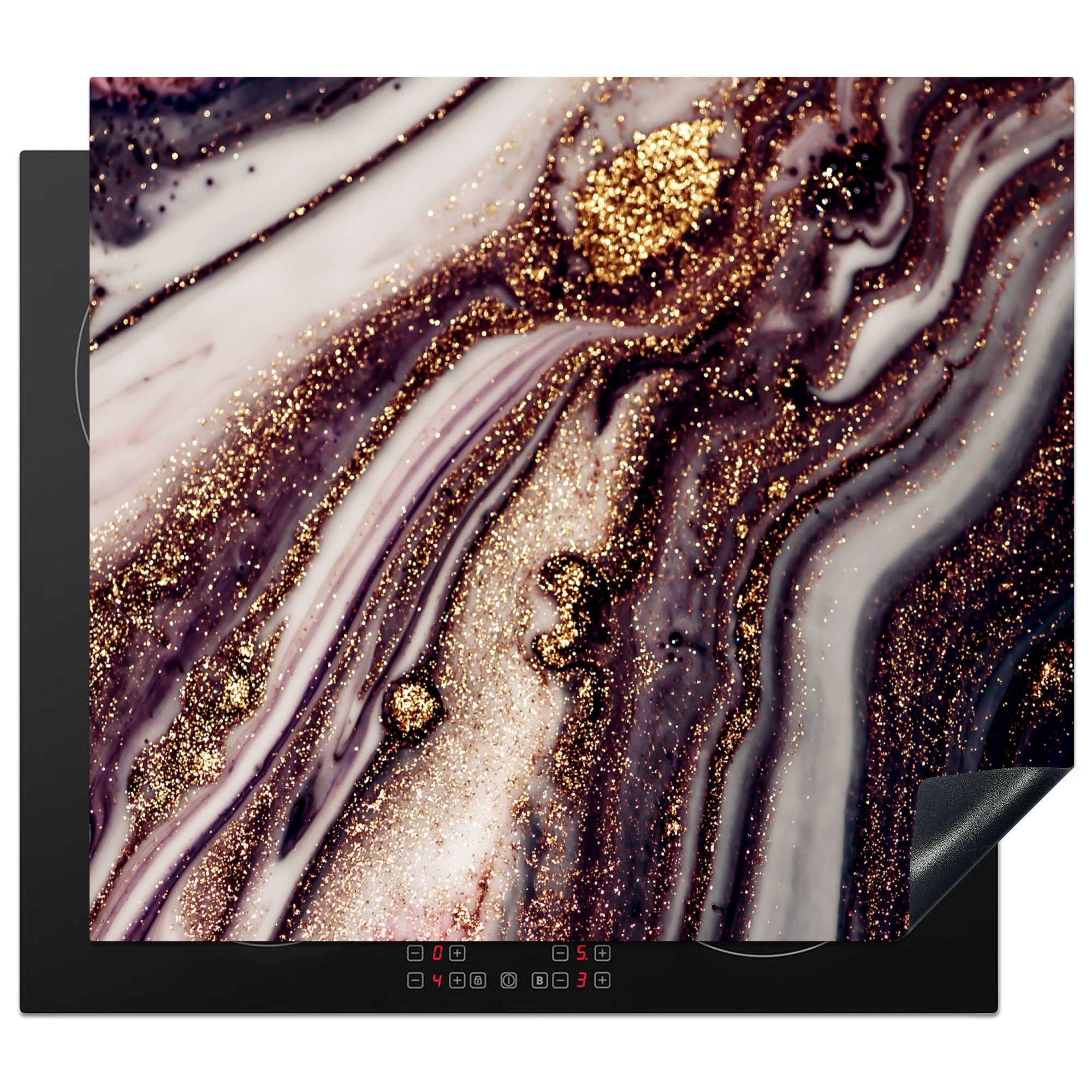 MuchoWow Herdblende-/Abdeckplatte Marmor - Rosa - Gold - Glitzer - Marmoroptik, Vinyl, (1 tlg), 59x51 cm, Induktionsschutz, Induktionskochfeld, Ceranfeldabdeckung
