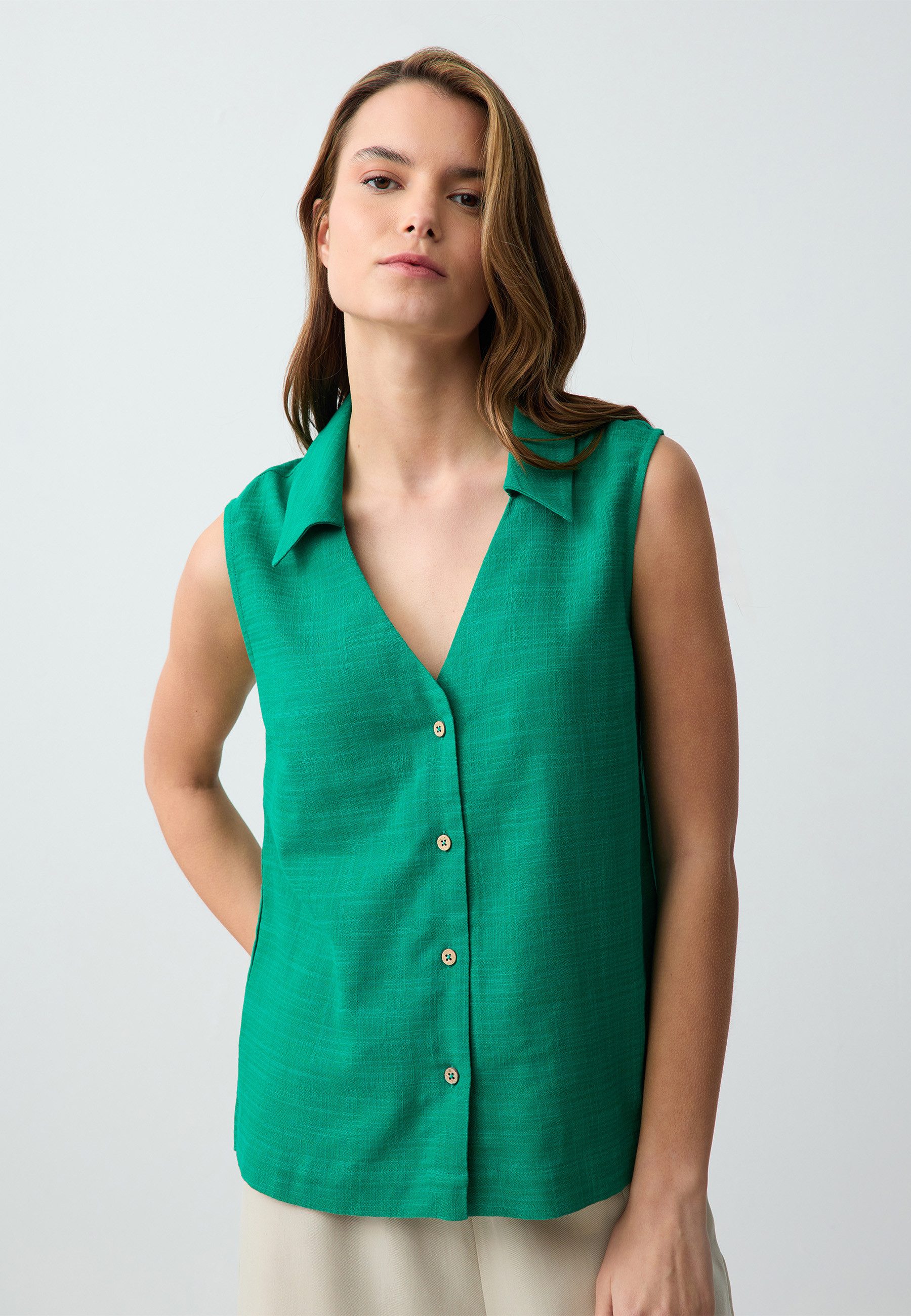 V-Ausschnitt-Pullover Regular Fit V-hals Geweven Groen Shirt