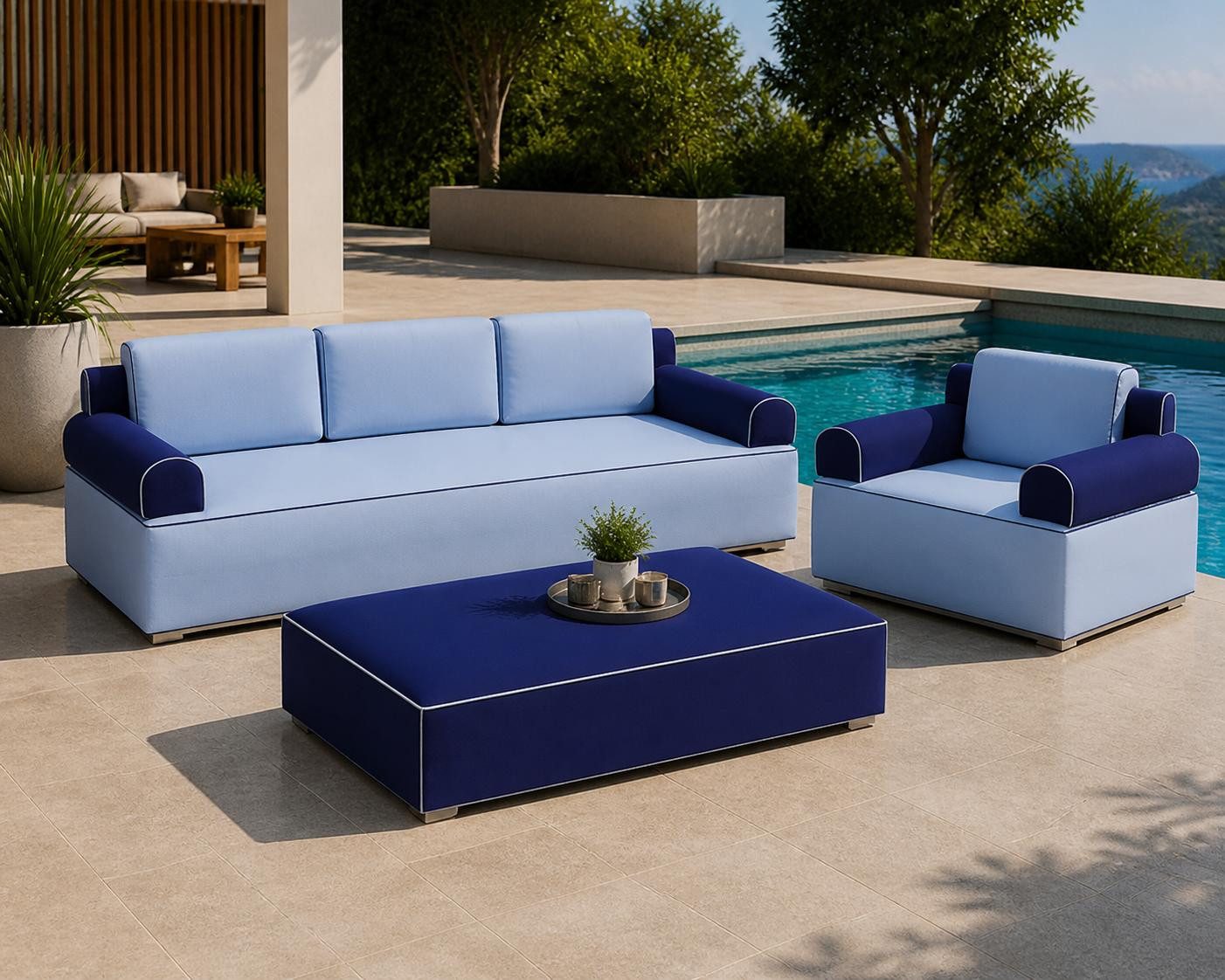 JVmoebel Gartenlounge-Set Sofa Sessel Couchtisch blau bequem geräumig weich modern neu, (1-tlg), Made in Europa