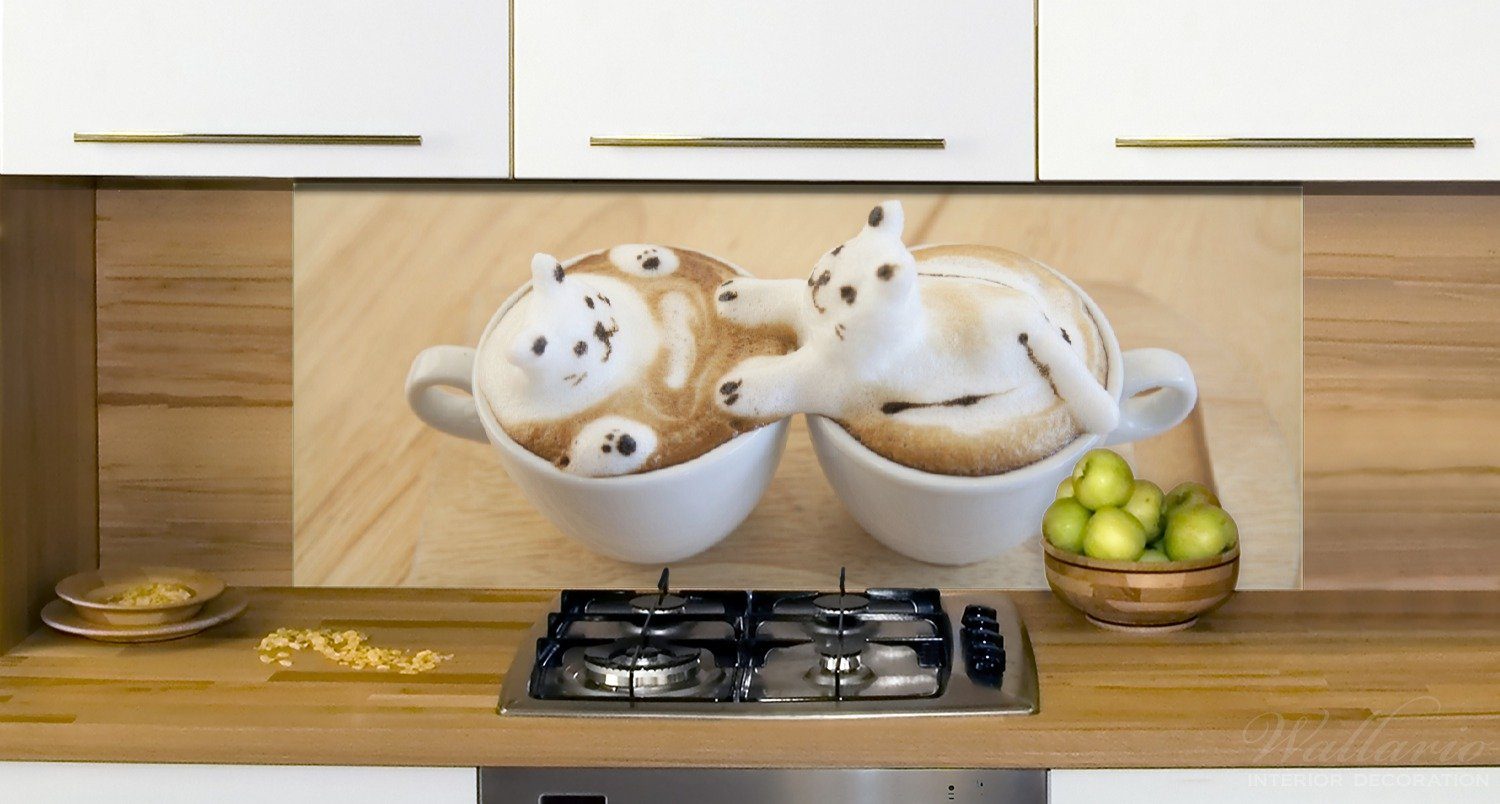 Kaffee, Küchenrückwand auf (1-tlg) Süße Wallario Katzen Milchschaum