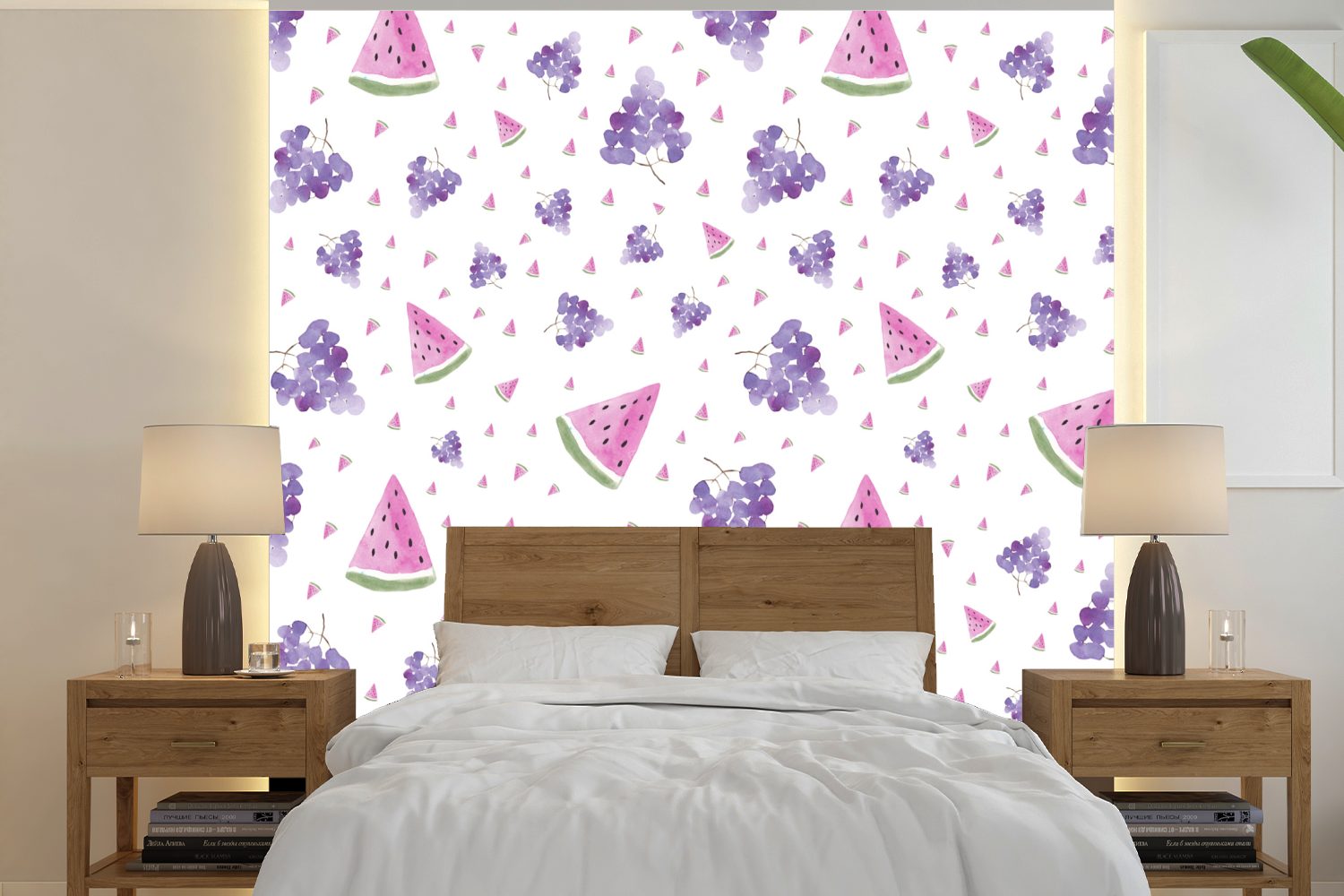 Tapete Vinyl Wandtapete Fototapete Design - Pastell, Schlafzimmer, MuchoWow - oder für Wassermelone (5 Wohnzimmer Weintrauben bedruckt, Matt, - St),