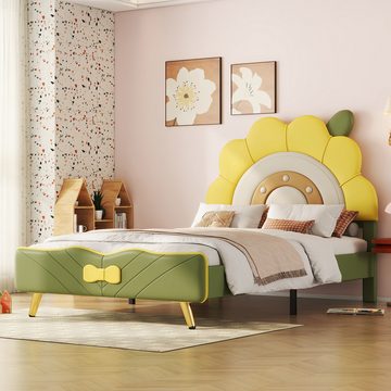 DOPWii Kinderbett 90*200 cm Flachbett,Sonnenblumenform,Frischer Stil,Kinderbett, Gelb,Grün