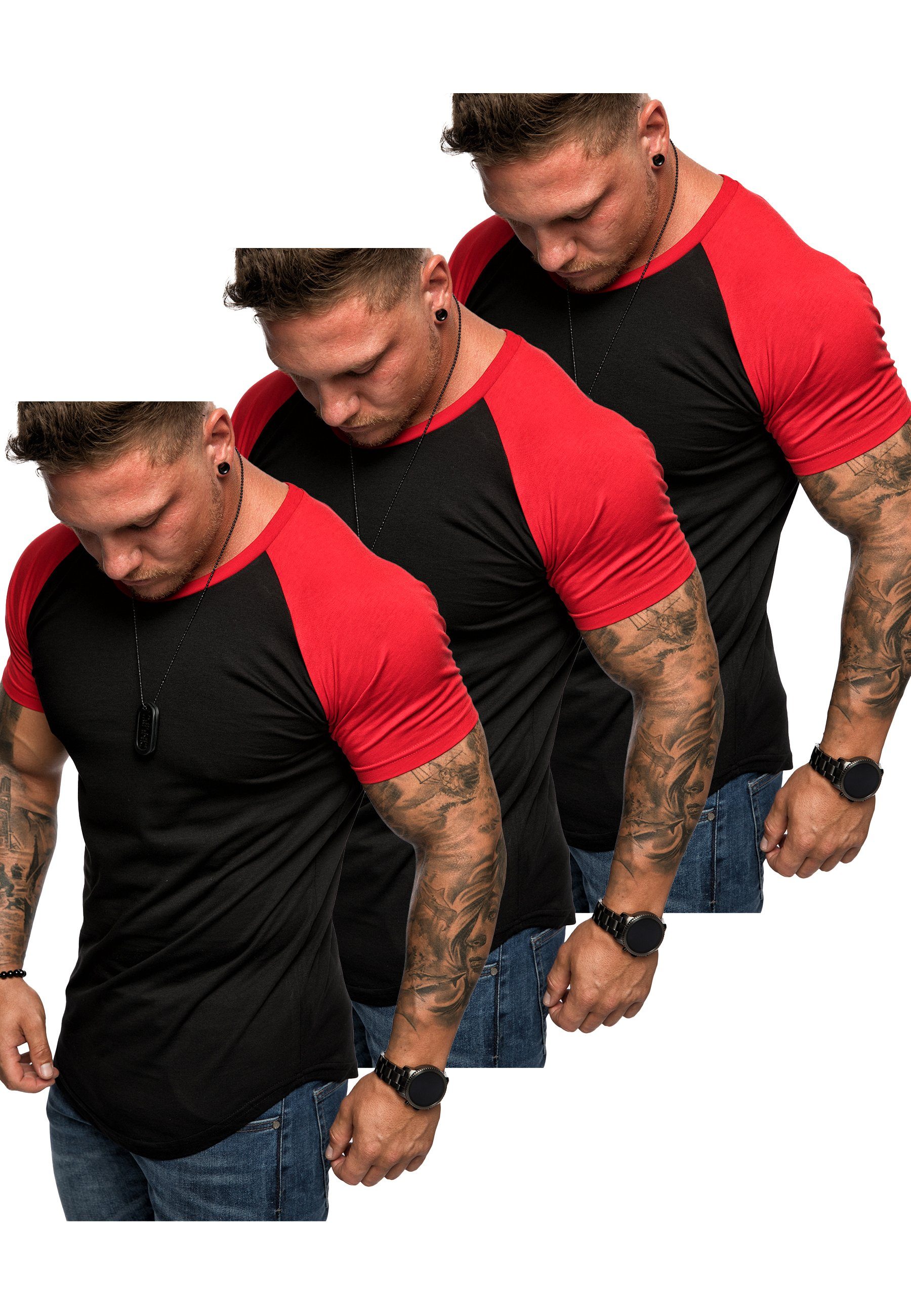 Amaci&Sons T-Shirt 3. OMAHA 3er-Pack T-Shirts (3er-Pack) Herren Basic Oversize Kontrast Raglan T-Shirt (3x Schwarz/Rot)