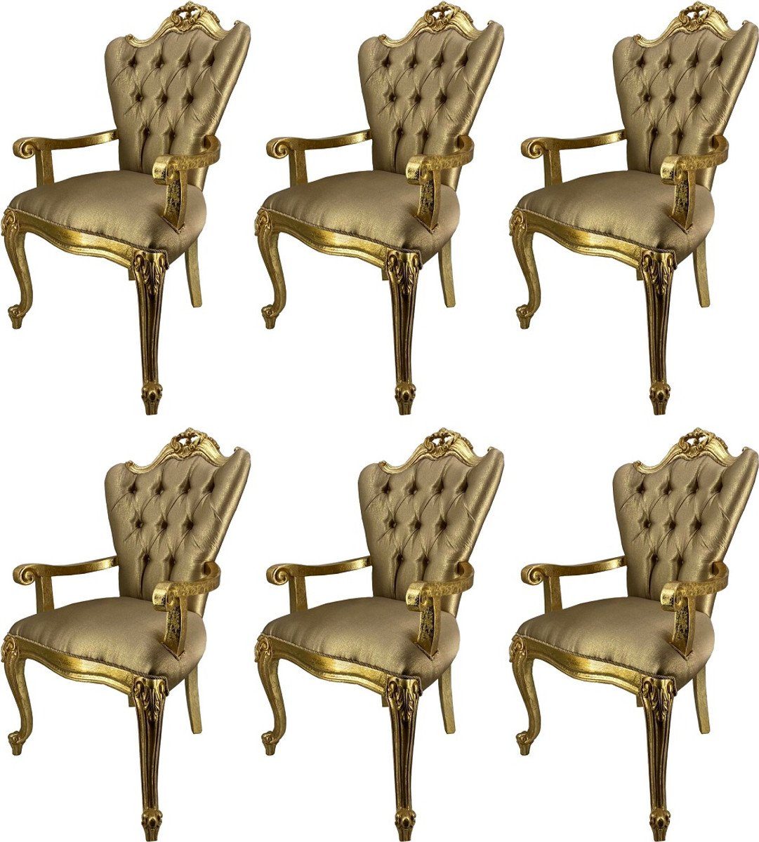 Casa Padrino Esszimmerstuhl Luxus Barock Esszimmerstuhl Set Gold / Gold - 6 Küchen Stühle mit Armlehnen - Barock Esszimmer Möbel - Edel & Prunkvoll