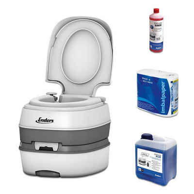 Enders® Campingtoilette Deluxe Blue Set, (Spar-Set, 1L RINSE + 2,5L BLUE + 4 Rollen selbstauflösendes Toilettenpapier), Kolbenpumpe, farbige Füllstandsanzeige, integrierte Transportrolle