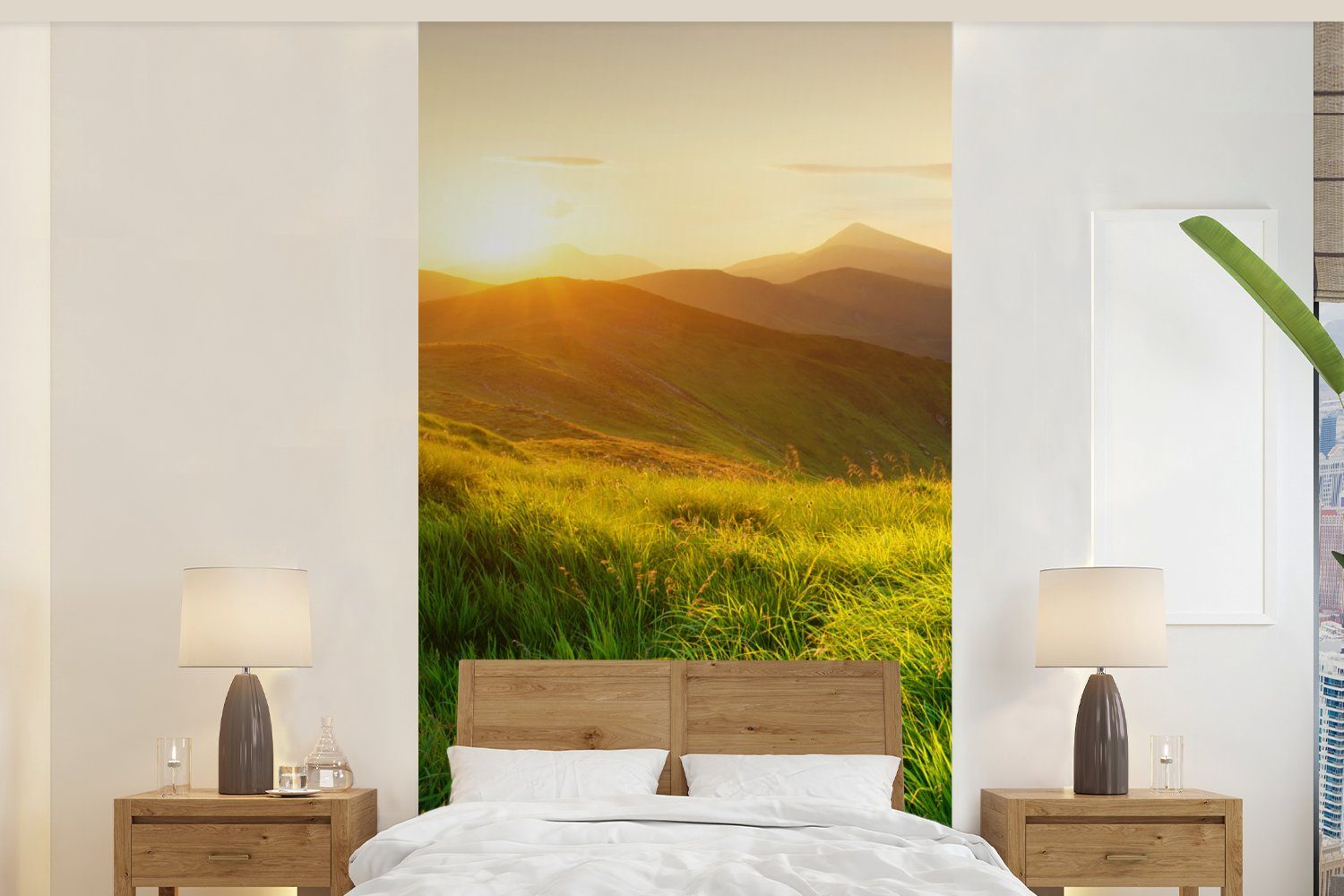 St), - Schlafzimmer Fototapete (2 Wohnzimmer - Sonne bedruckt, Landschaft, Fototapete für Vliestapete MuchoWow Hügel Gras - - Natur Matt, Küche,