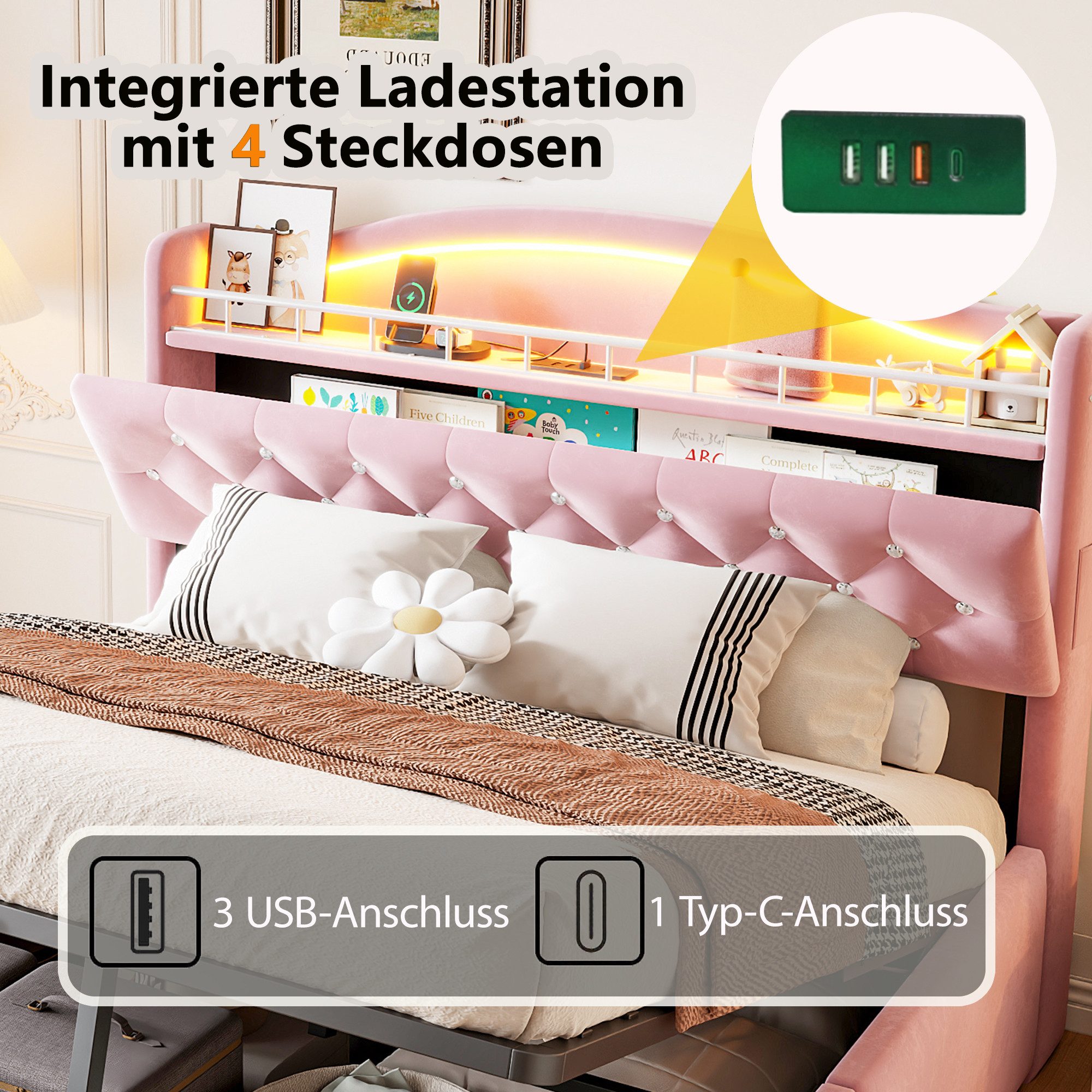 Merax Polsterbett mit LED-Kopfteilbeleuchtung und USB & USB-C Anschlüssen, Samtbezug (Multifunktionsbett, 1-tlg), Doppelbett 180x200cm mit hydraulischem Staurau – Bild 5 von 5