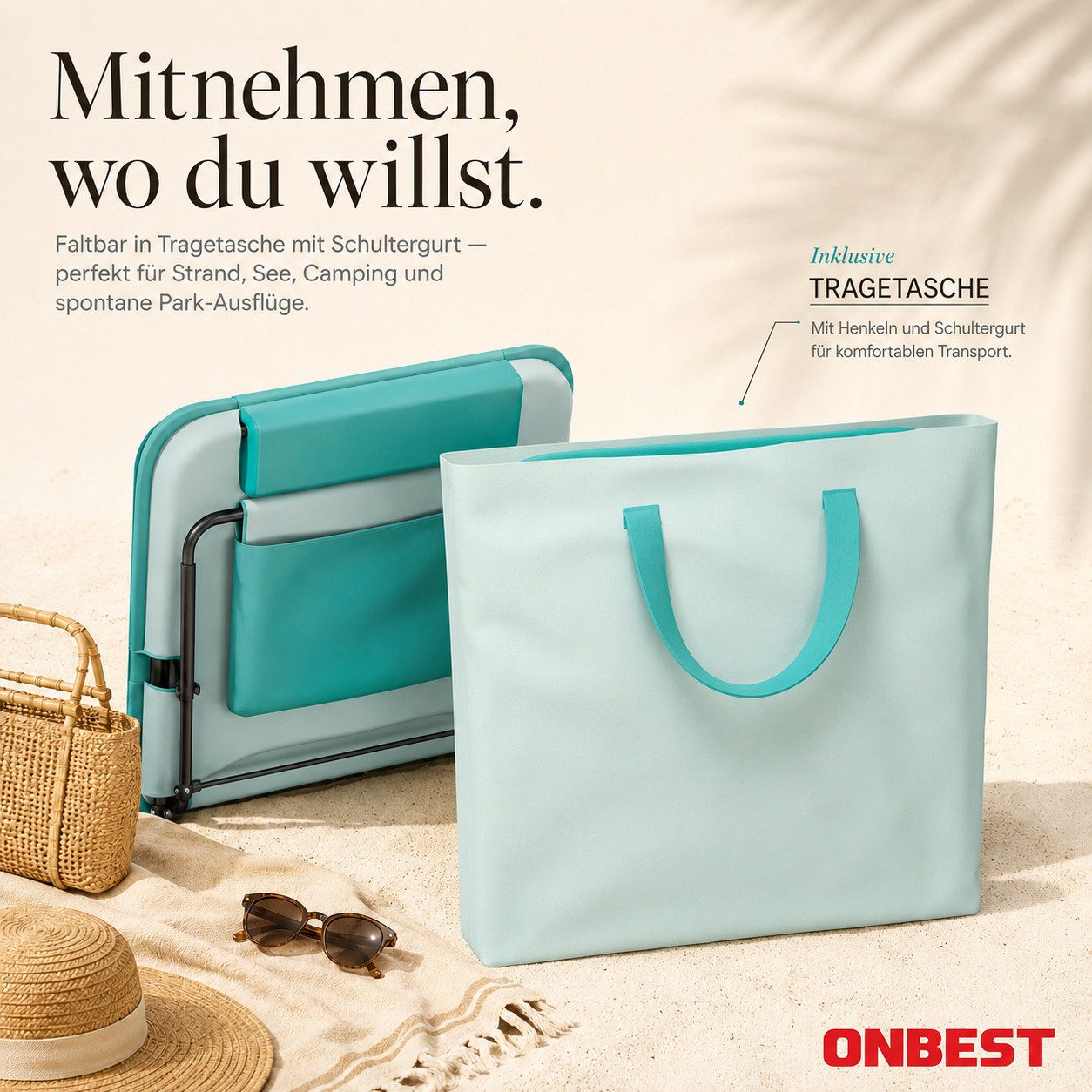 Onbest Campingliege Strandliege klappbar mit Nackenkissen Tragetasche, Stahlgestell, verstellbare Rückenlehne