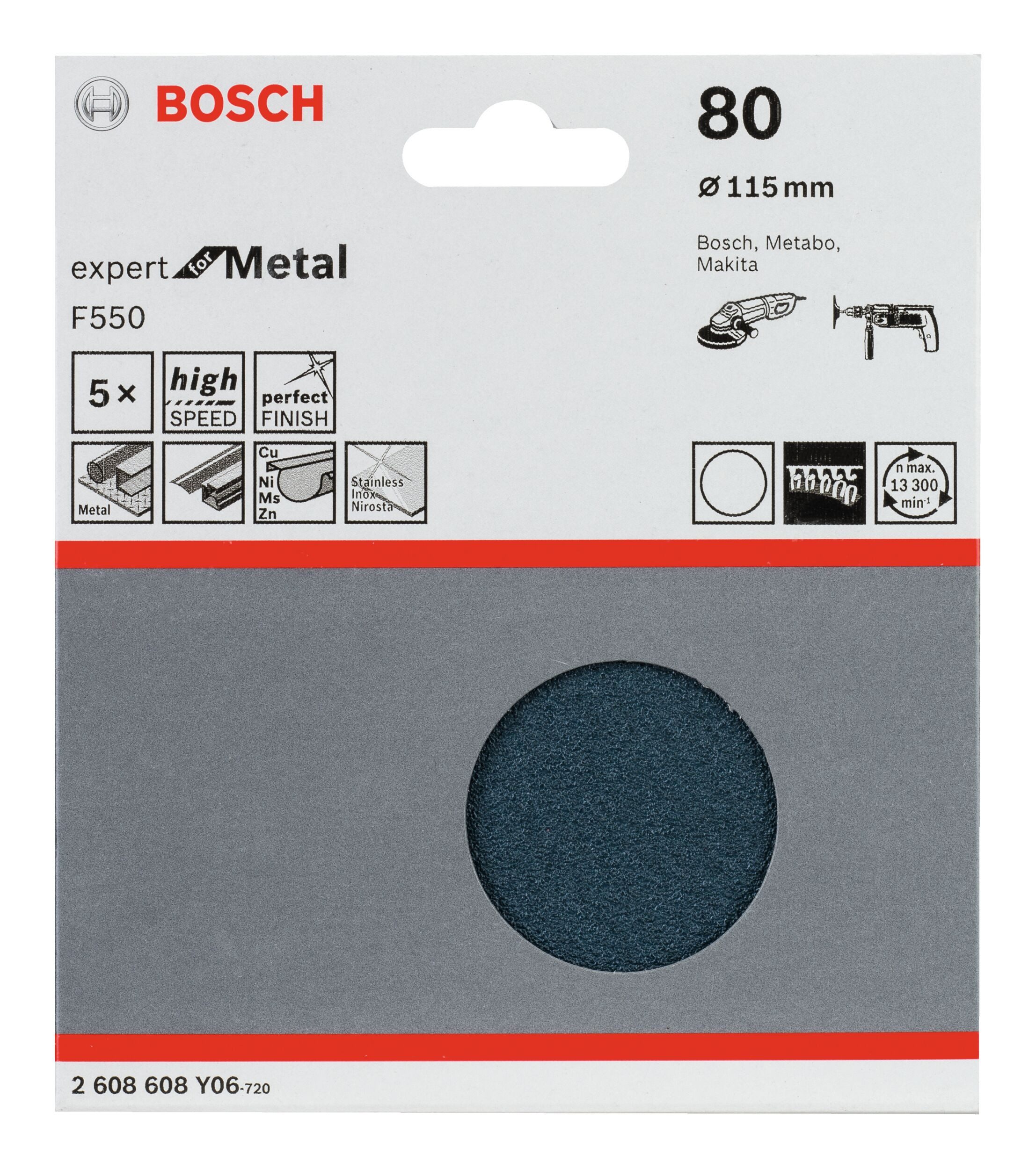 Thumbnail - BOSCH Schleifpapier Expert F550, (5 Stück), Schleifblatt, for Metal, 115 mm, K80, ungelocht, Klett - 5er-Pack