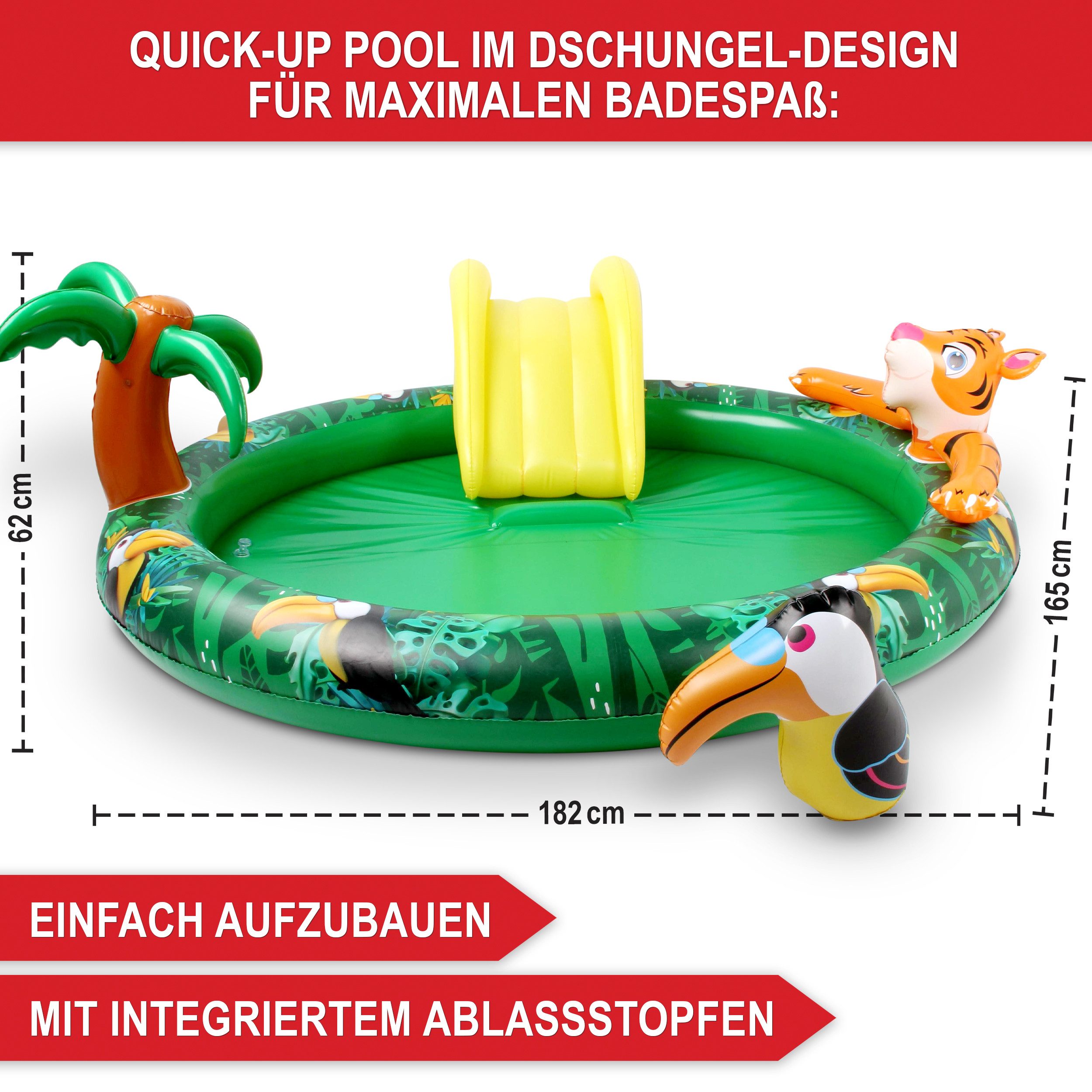 Onbest Planschbecken Jungle mit Schlauchanschluss Rutsche und Flickset, Hautfreundliches 0,25 mm PVC, leichter Aufbau – Bild 2 von 4