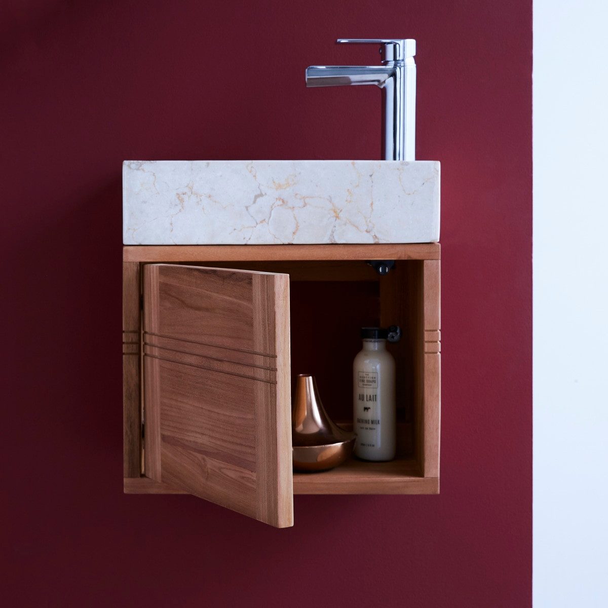 Tikamoon Waschtisch Badunterschrank aus Teakholz und Waschbecken aus cremefarbenem Marmor