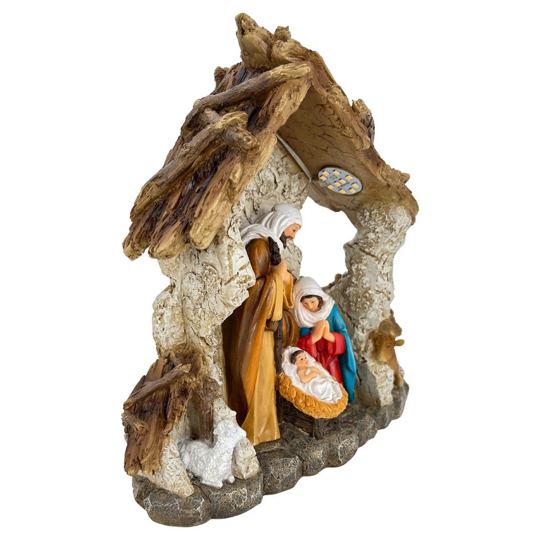 abc HOME Krippenfigur Große Krippenszene, 20 LEDs beleuchtet, Polyresin Stall, 23x23 cm