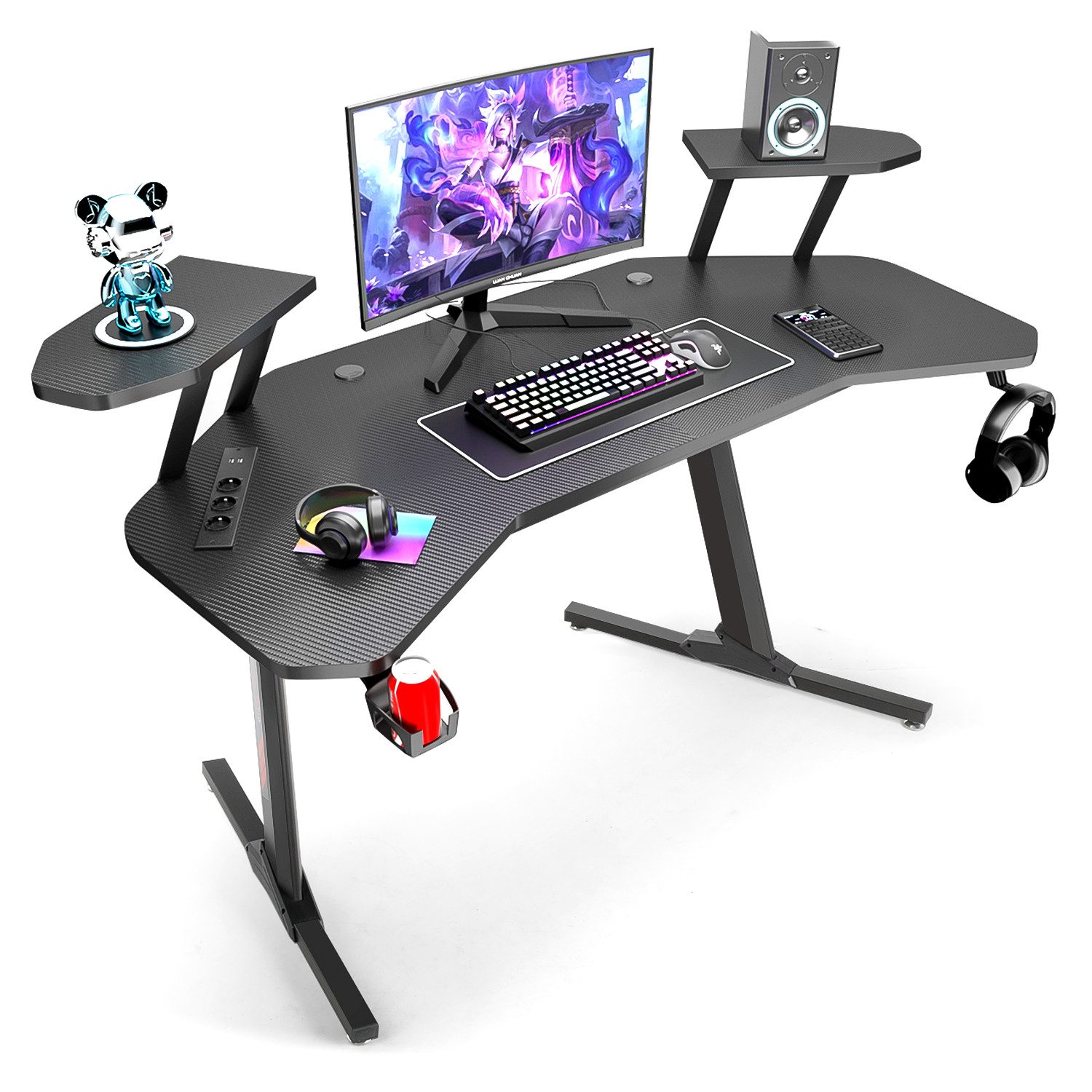 LETGOSPT Gamingtisch Gaming Schreibtisch Computertisch 160cm, Schmetterlingsform Gamer Desk, Ergonomischer Gamer Desk mit Kopfhörerhake Getränkehalter Audioständer