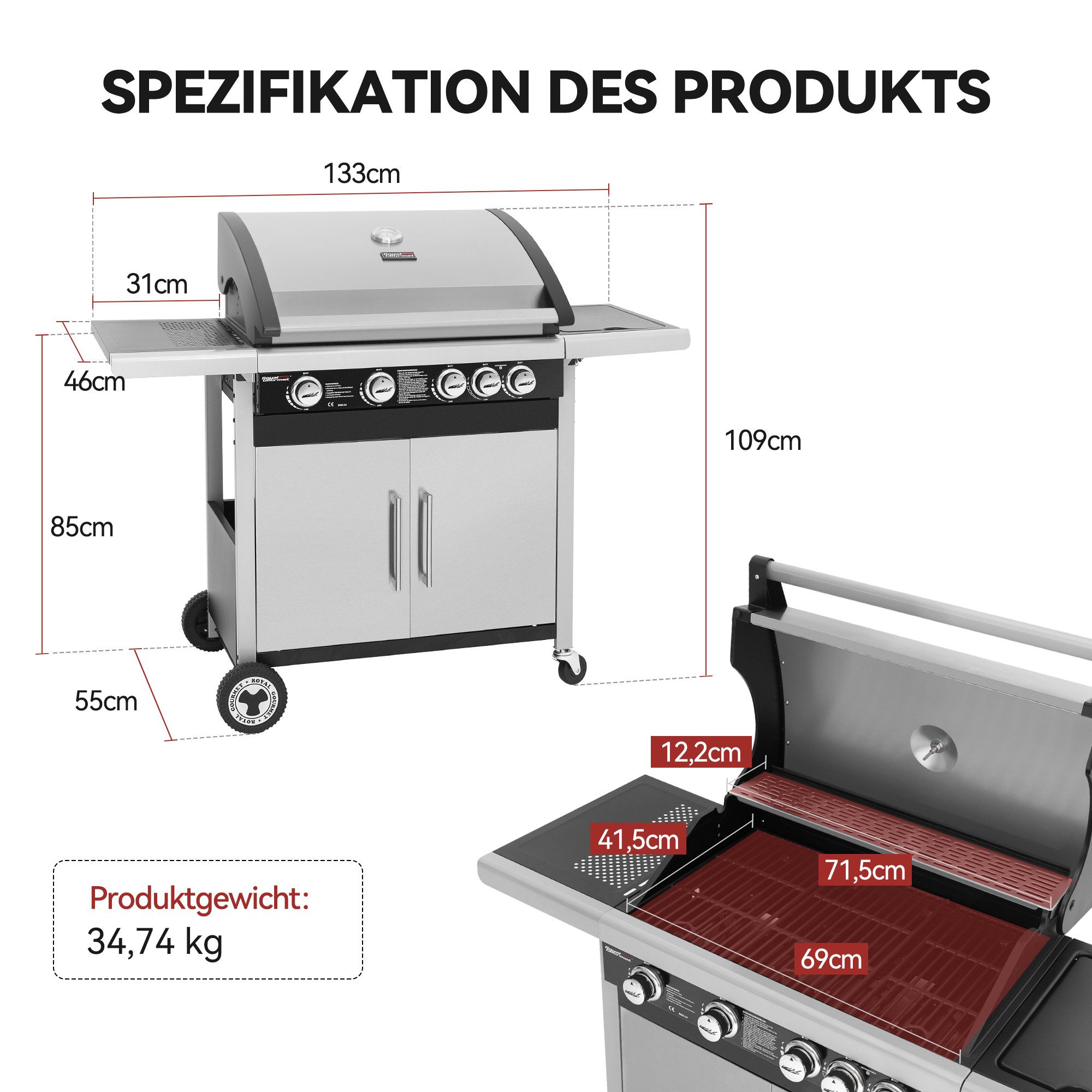 Royal Gourmet Gasgrill 4+1 Brenner Gasgrill Grillwagen mit Unterschrank, 133x109x55cm, Edelstahlbrenner mit 14,5 kW und automatischer Zündung