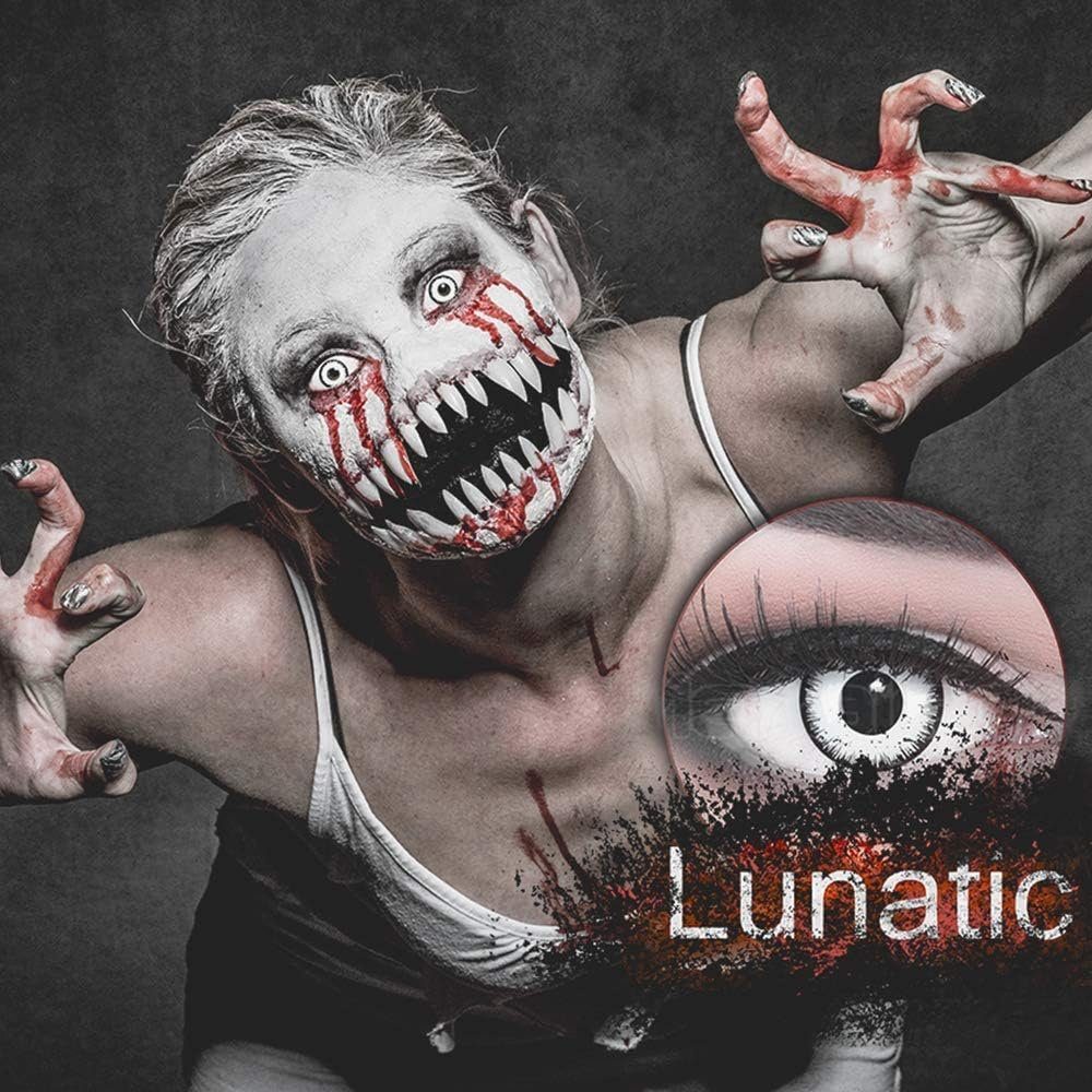 MeralenS Monatslinsen Farbige Zombie Halloween Kontaktlinsen mit Sehstärke 'Lunatic' weiß
