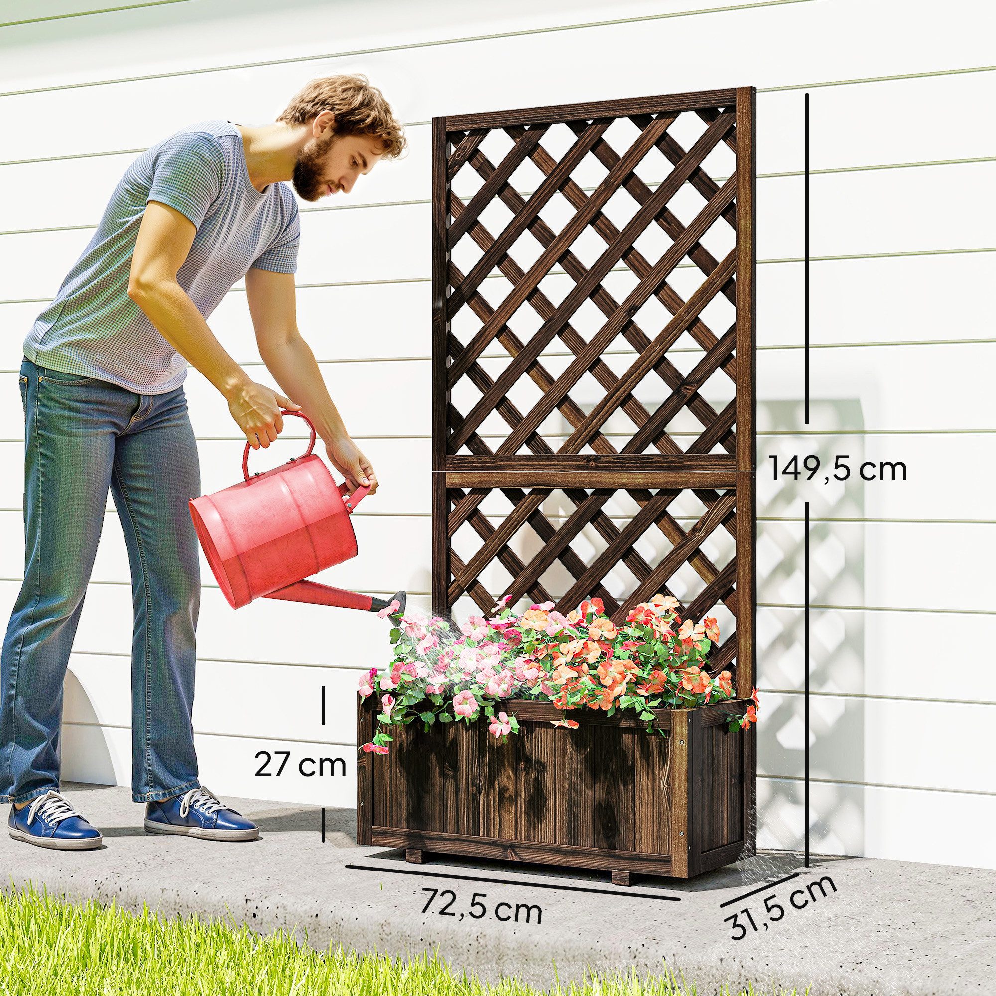 Outsunny Hochbeet Pflanzenkasten mit Rankgitter, Spalier, Holz, 72,5x31,5x149,5cm (Blumenkasten, 1 St., Pflanzkasten), für Garten, Balkon, Braun