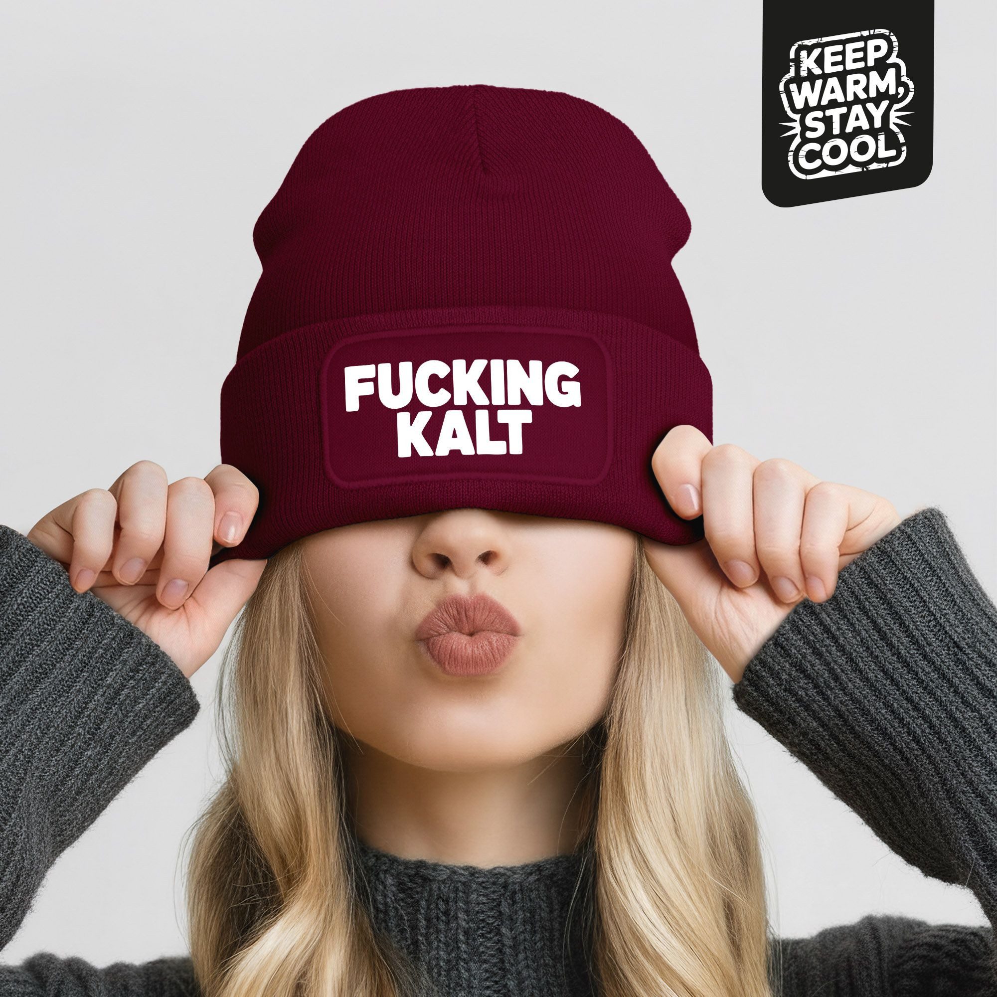 MoonWorks Strickmütze Damen Beanie mit Patch Strickmütze mit Spruch Kalt Wintermütze